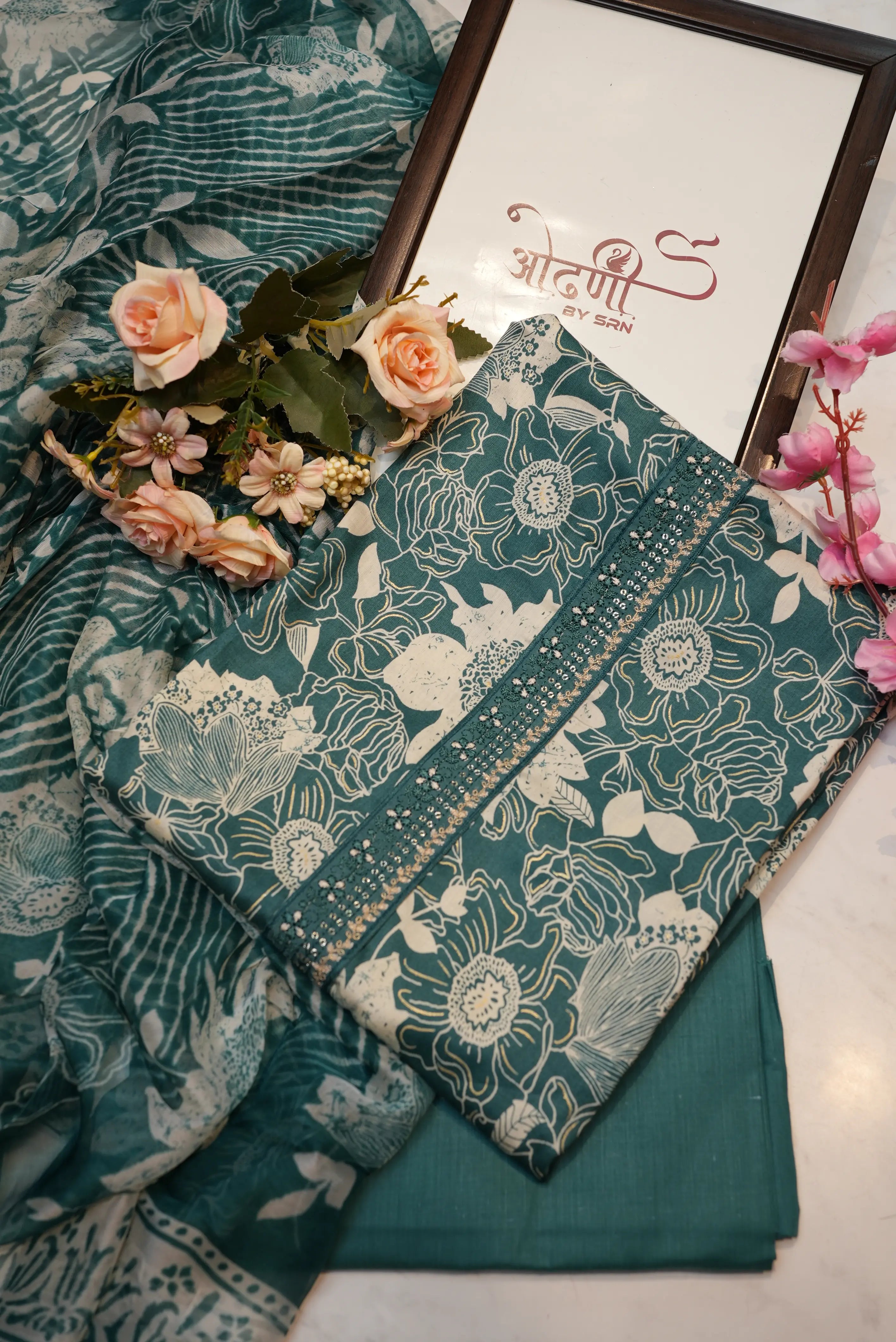 Pure cotton tie work suit with jaipuri floral print (UNSTITCHED)