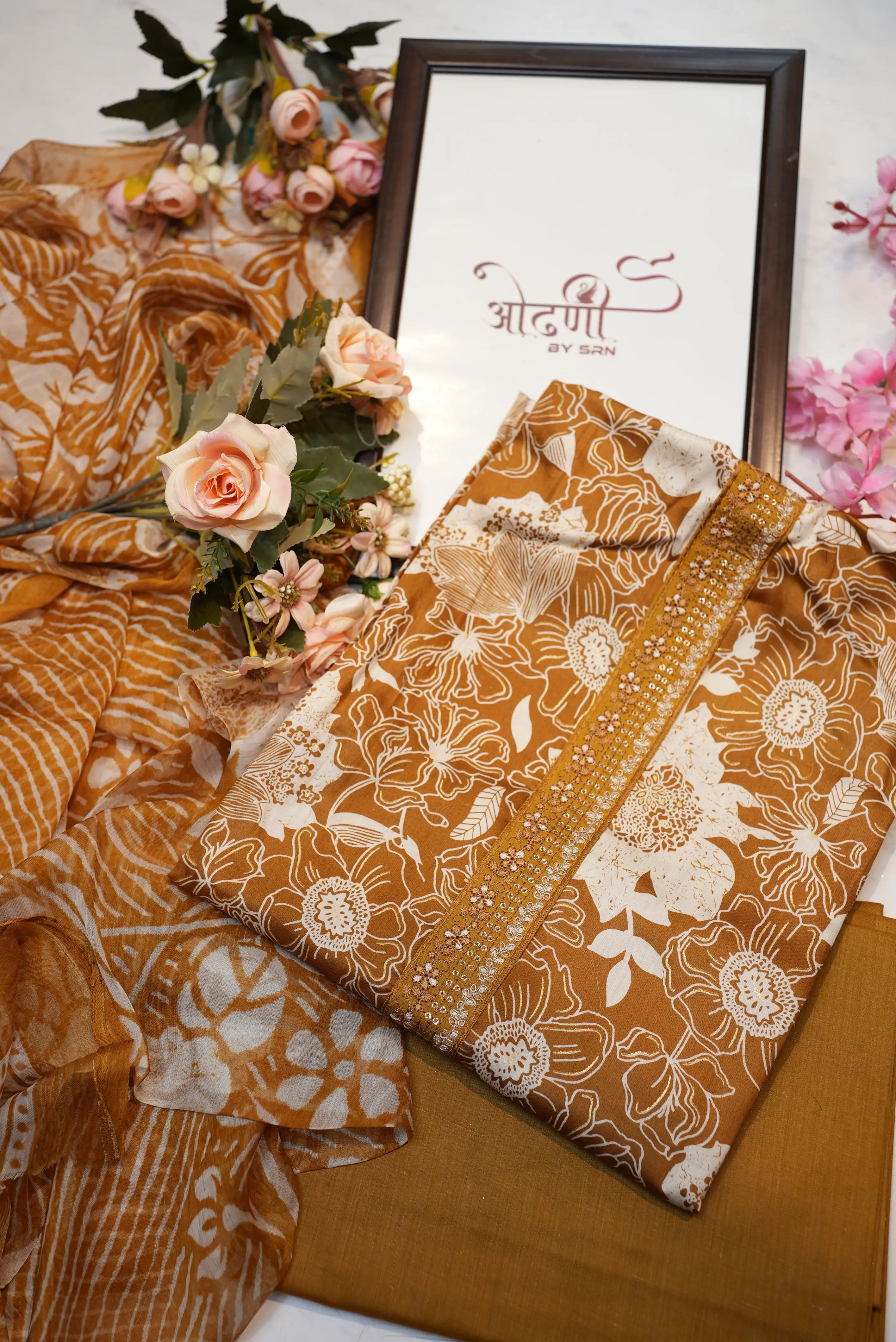 Pure cotton tie work suit with jaipuri floral print (UNSTITCHED)