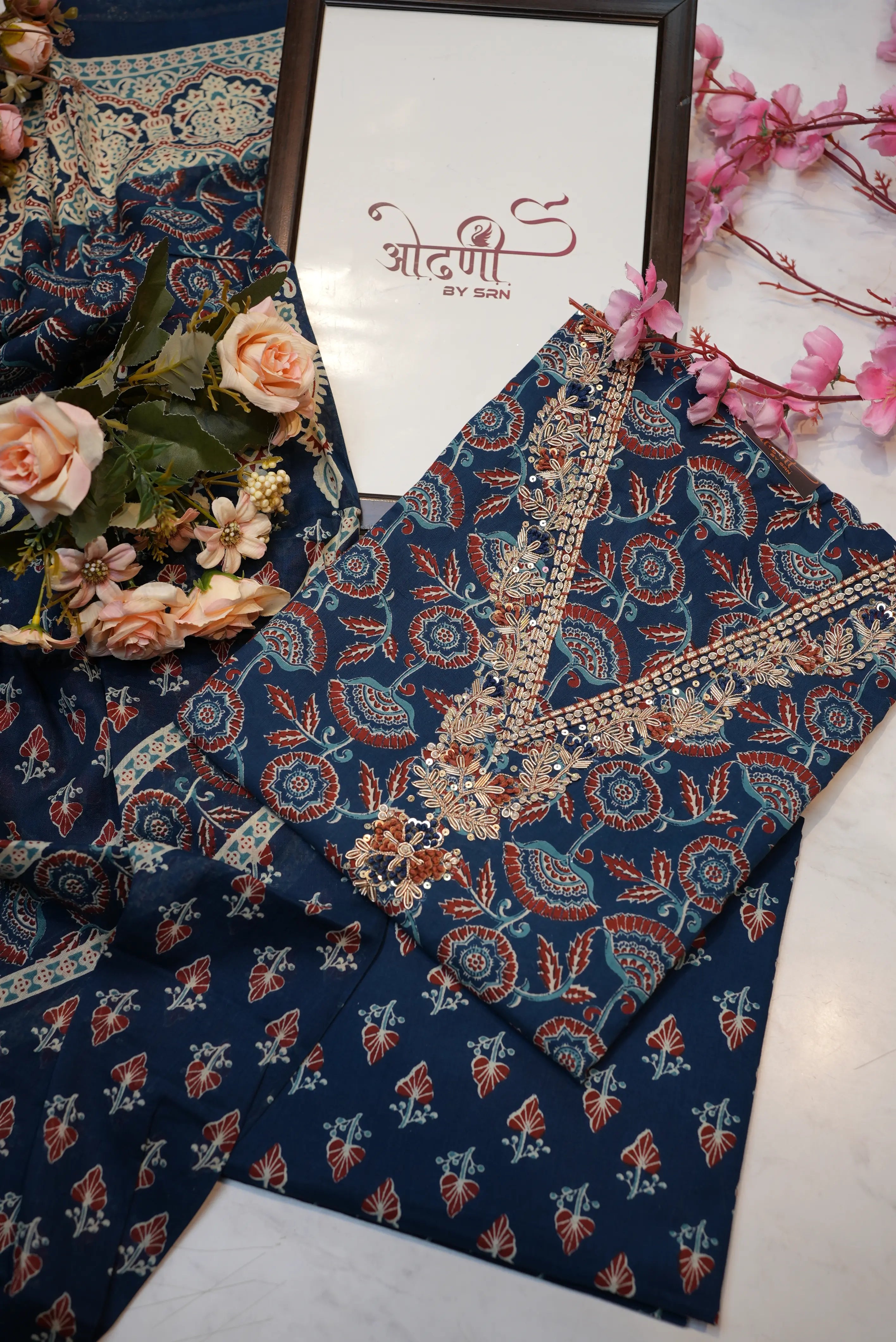 Pure cotton handwork suit with sanganeri print (UNSTITCHED)