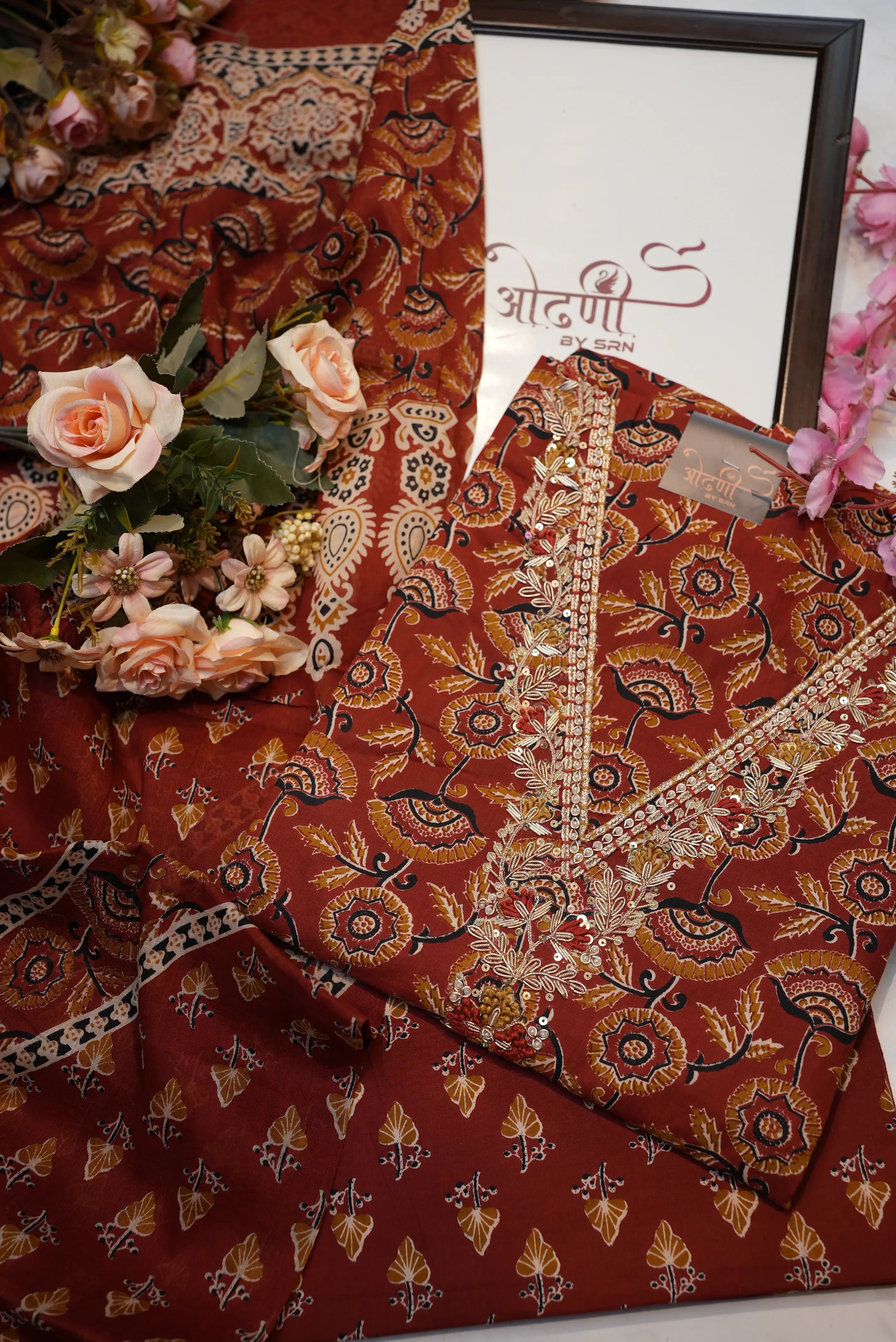 Pure cotton handwork suit with sanganeri print (UNSTITCHED)