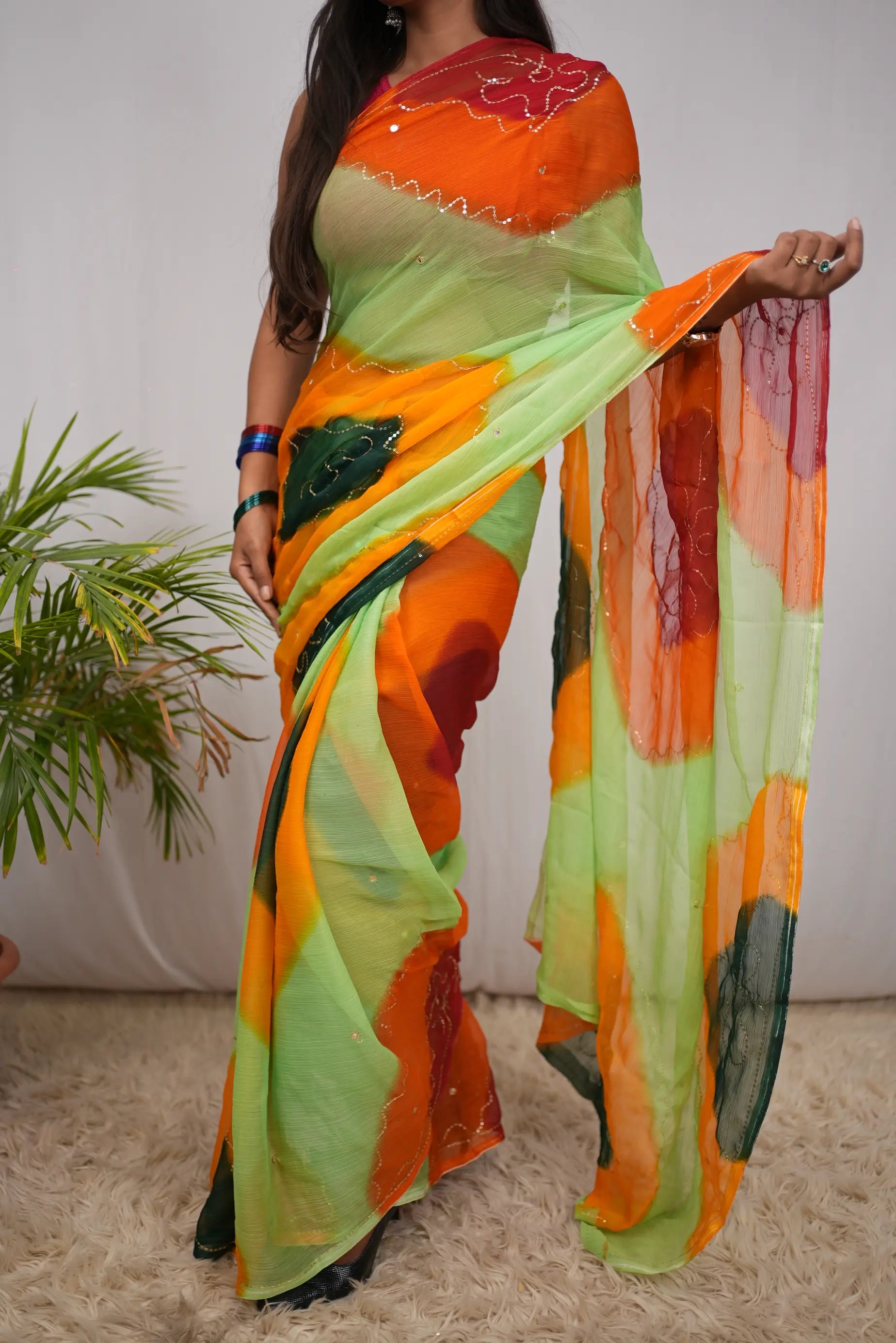 Multicolour Shimmer Chiffon Saree with Aari Taari & Sequin Work (Without Blouse)