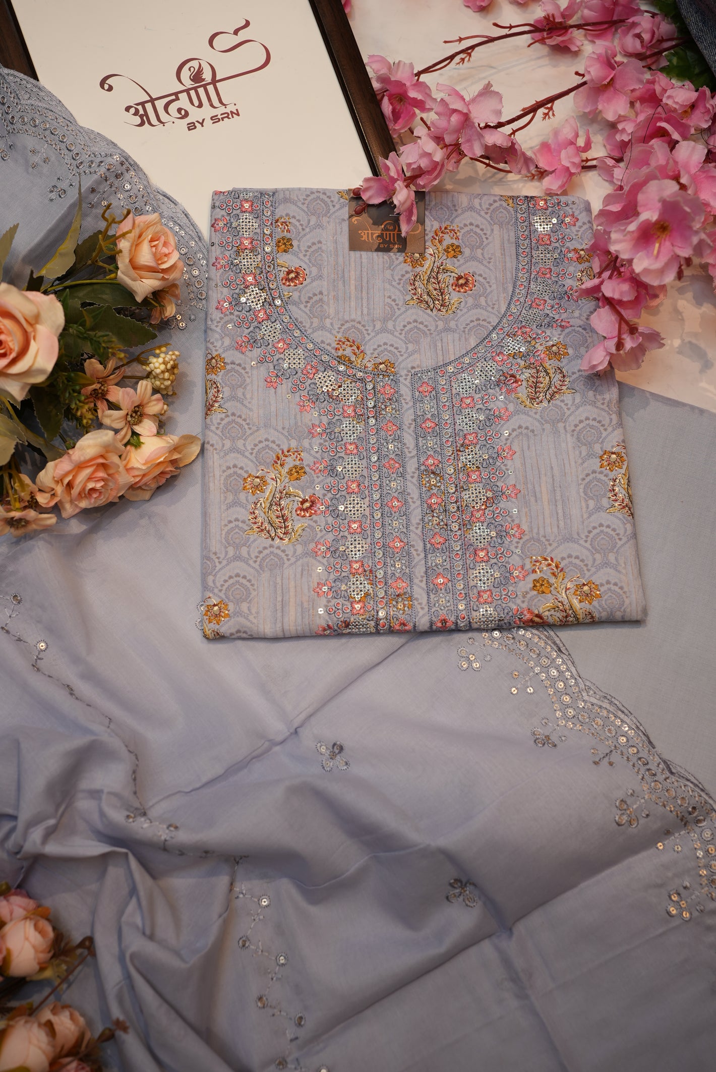 Glaze Cotton suit with neck embroidery cut work dupatta ##SF017