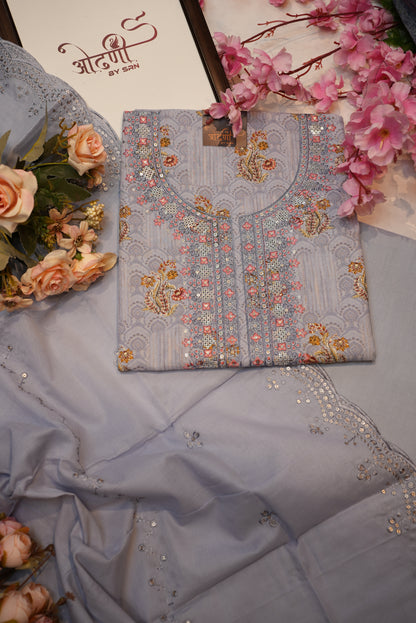 Glaze Cotton suit with neck embroidery cut work dupatta ##SF017