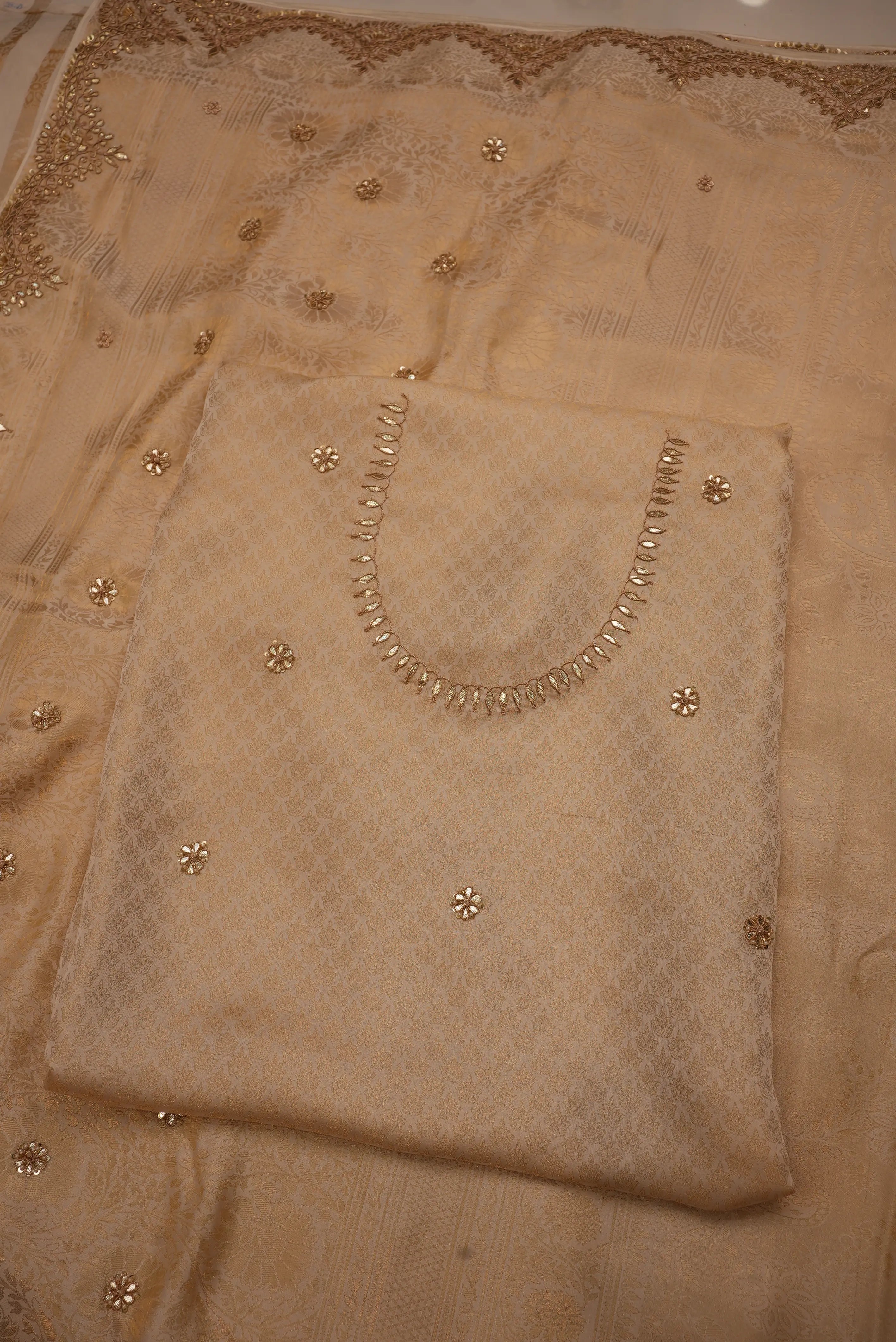 Ivory White Brocket Silk Saree with Gota Patti Handwork (With Blouse)