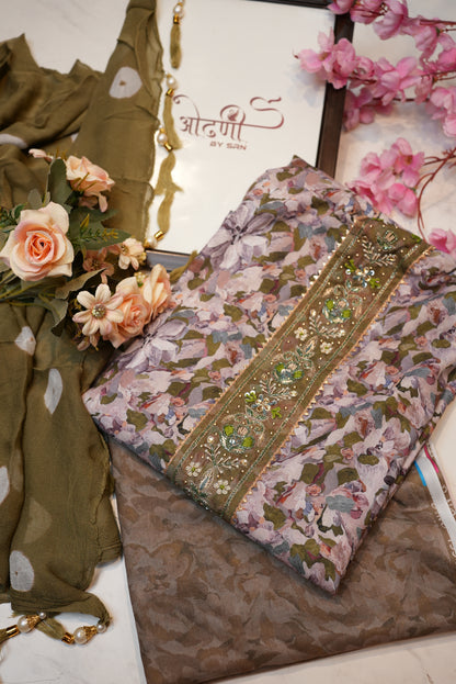 Cotton tie work printed suit with shiffon dupatta (UNSTITCHED) ##SF020
