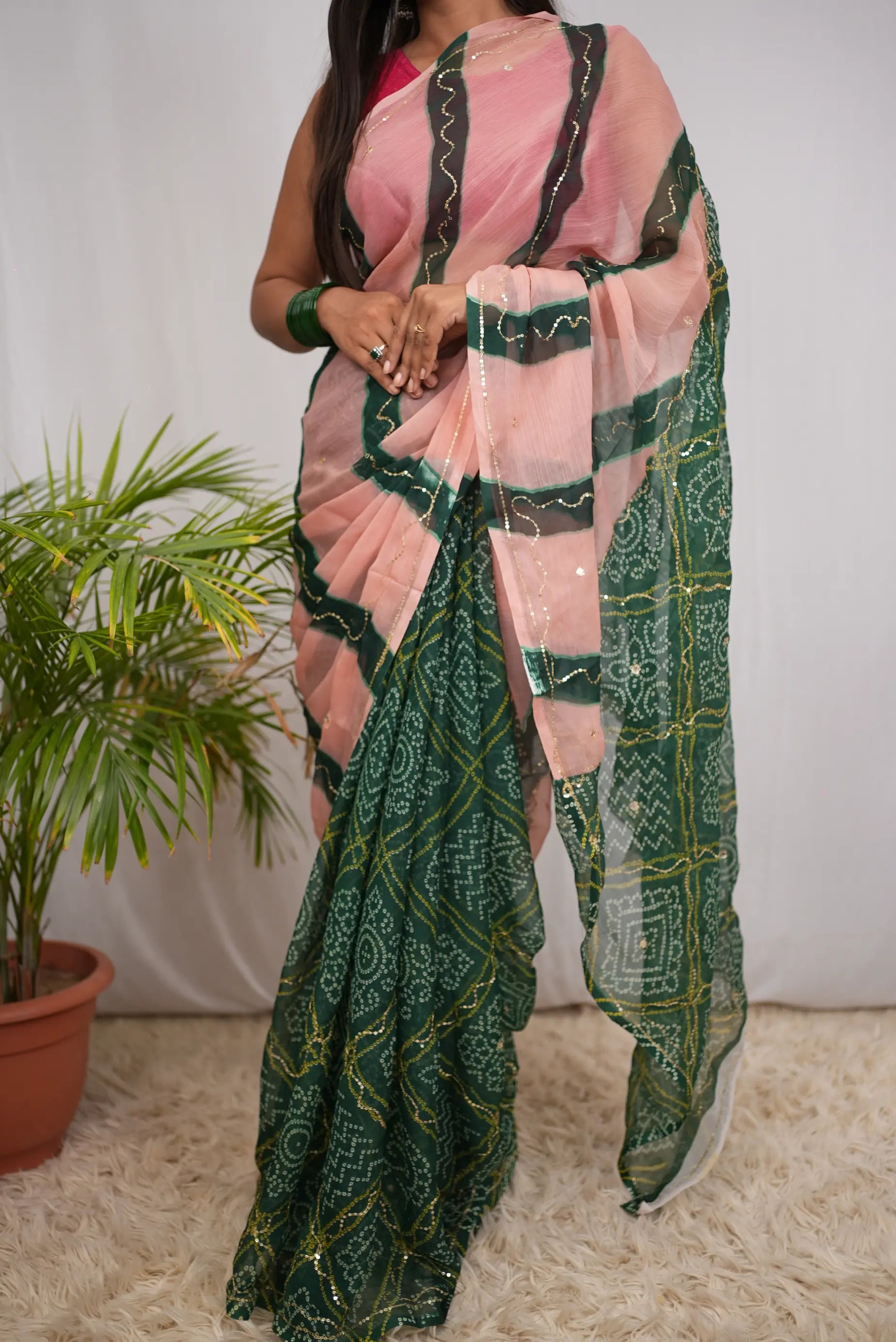 Rajasthani Bandhani Leheriya Saree with Aari Taari & Sequin Work (Without Blouse)