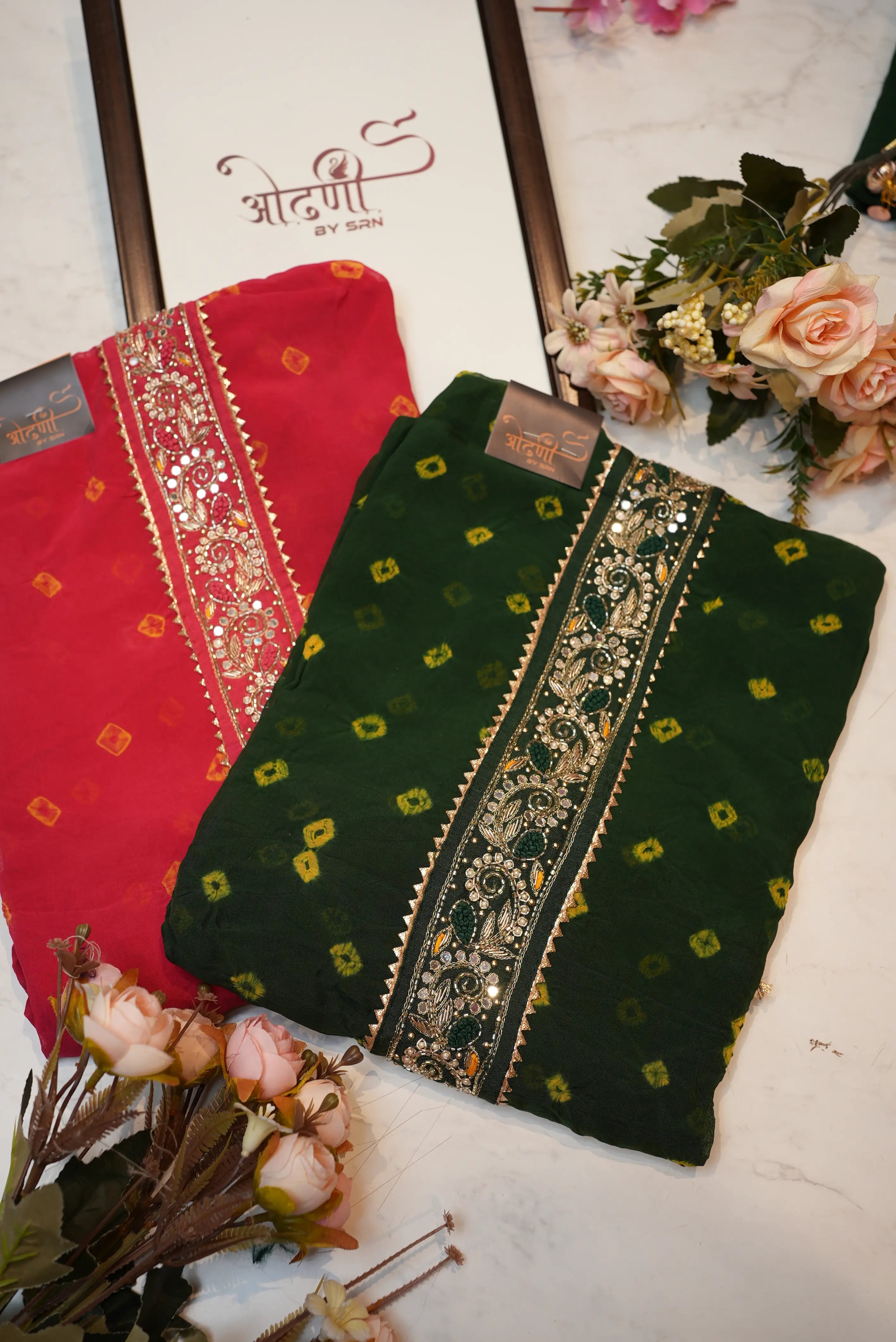 Organza tie work suit with hand bandhej & heavy dupatta (UNSTITCHED)
