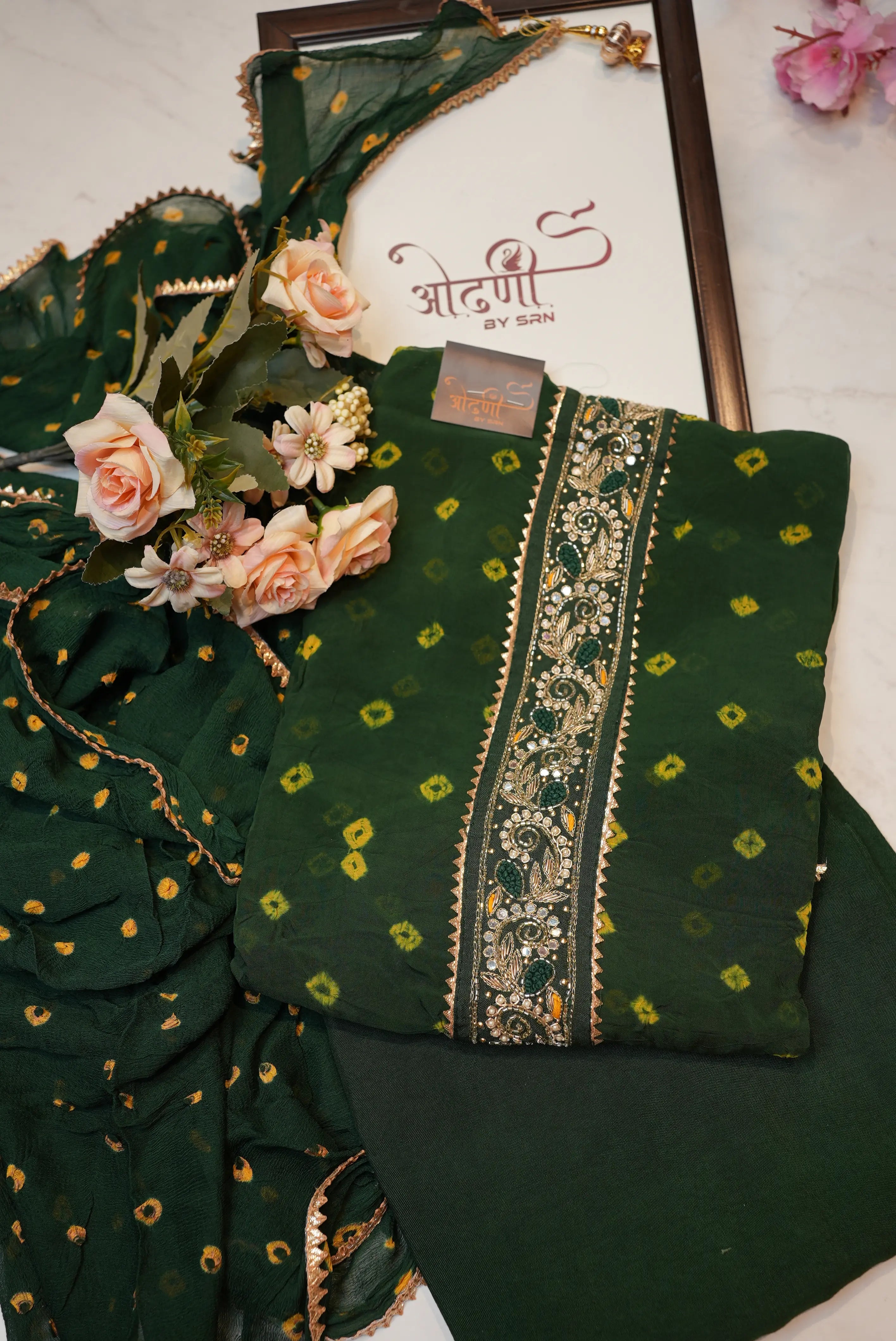 Organza tie work suit with hand bandhej & heavy dupatta (UNSTITCHED)