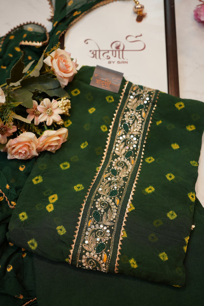 Organza tie work suit with hand bandhej & heavy dupatta (UNSTITCHED) ##SF021
