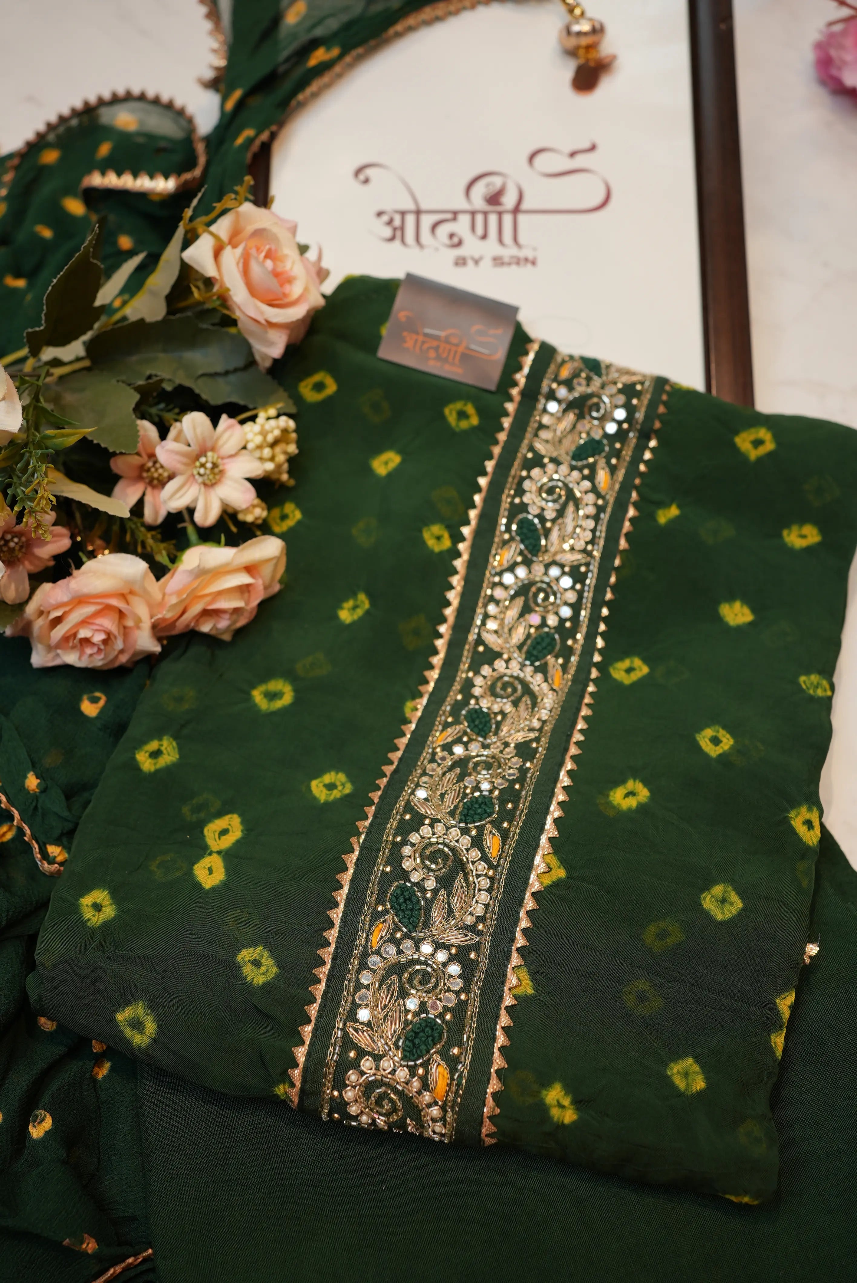 Organza tie work suit with hand bandhej & heavy dupatta (UNSTITCHED)