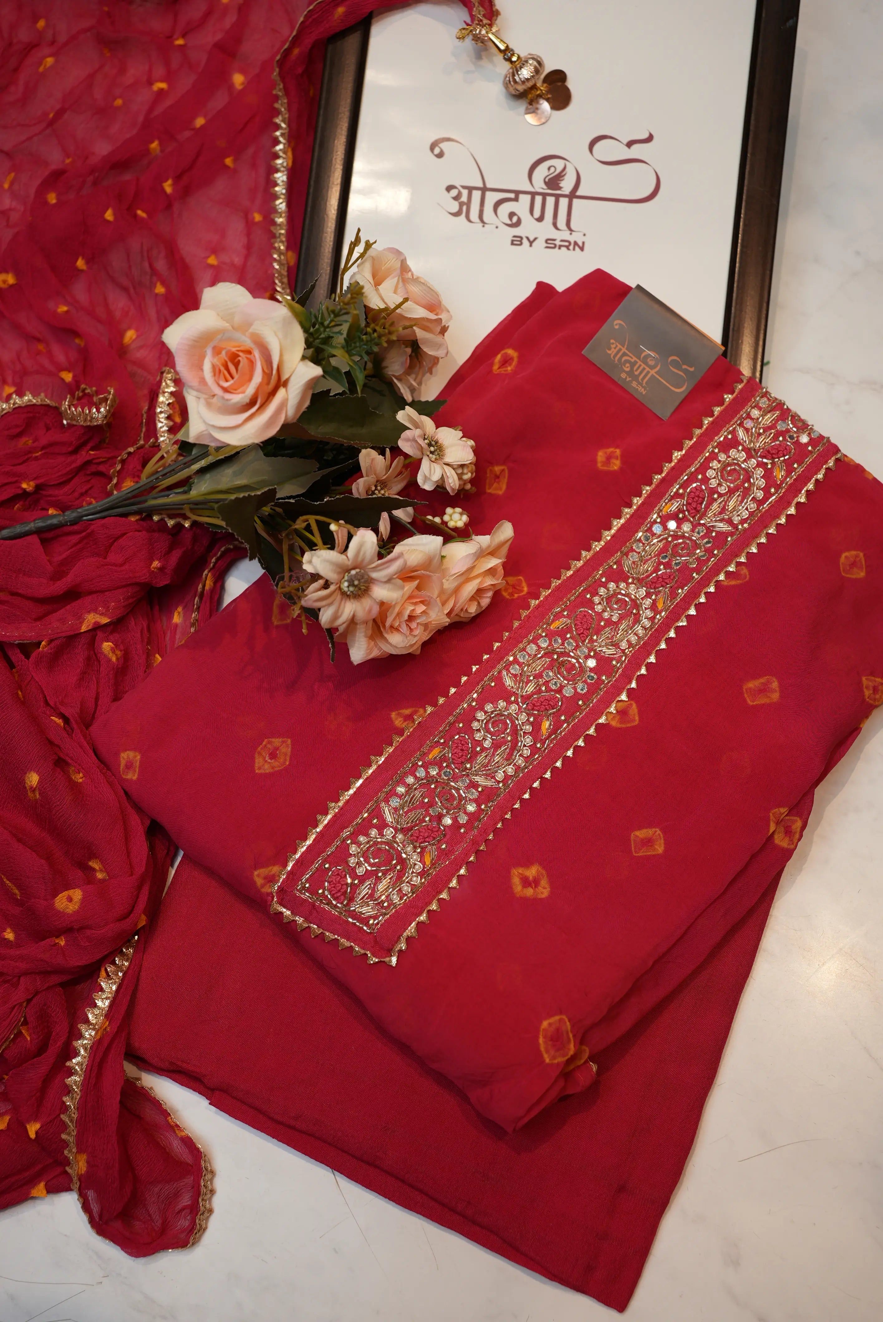Organza tie work suit with hand bandhej & heavy dupatta (UNSTITCHED)