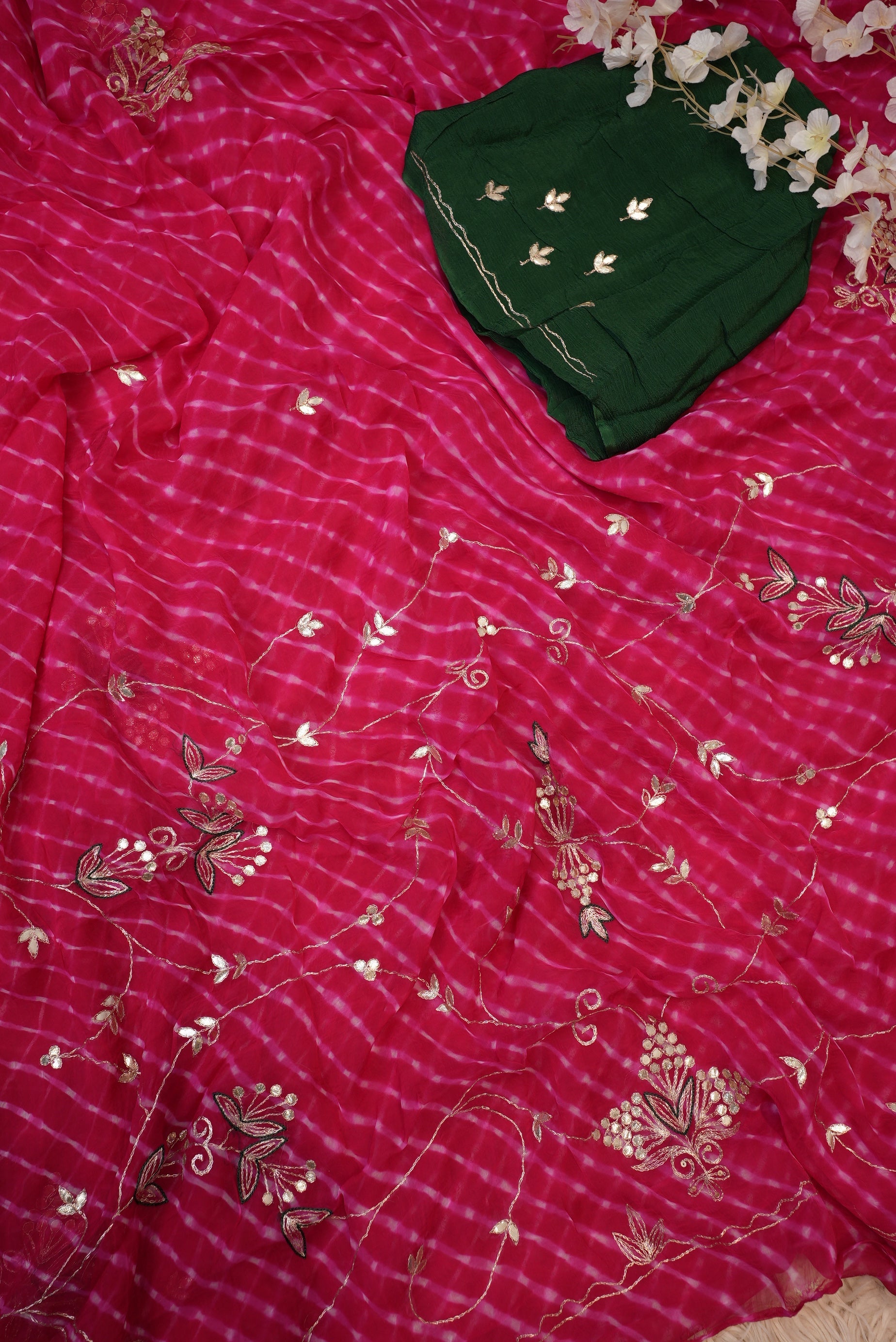 Pink Mothra Leheriya Saree With Buta & Gota Patti Work & Contrast Green Blouse