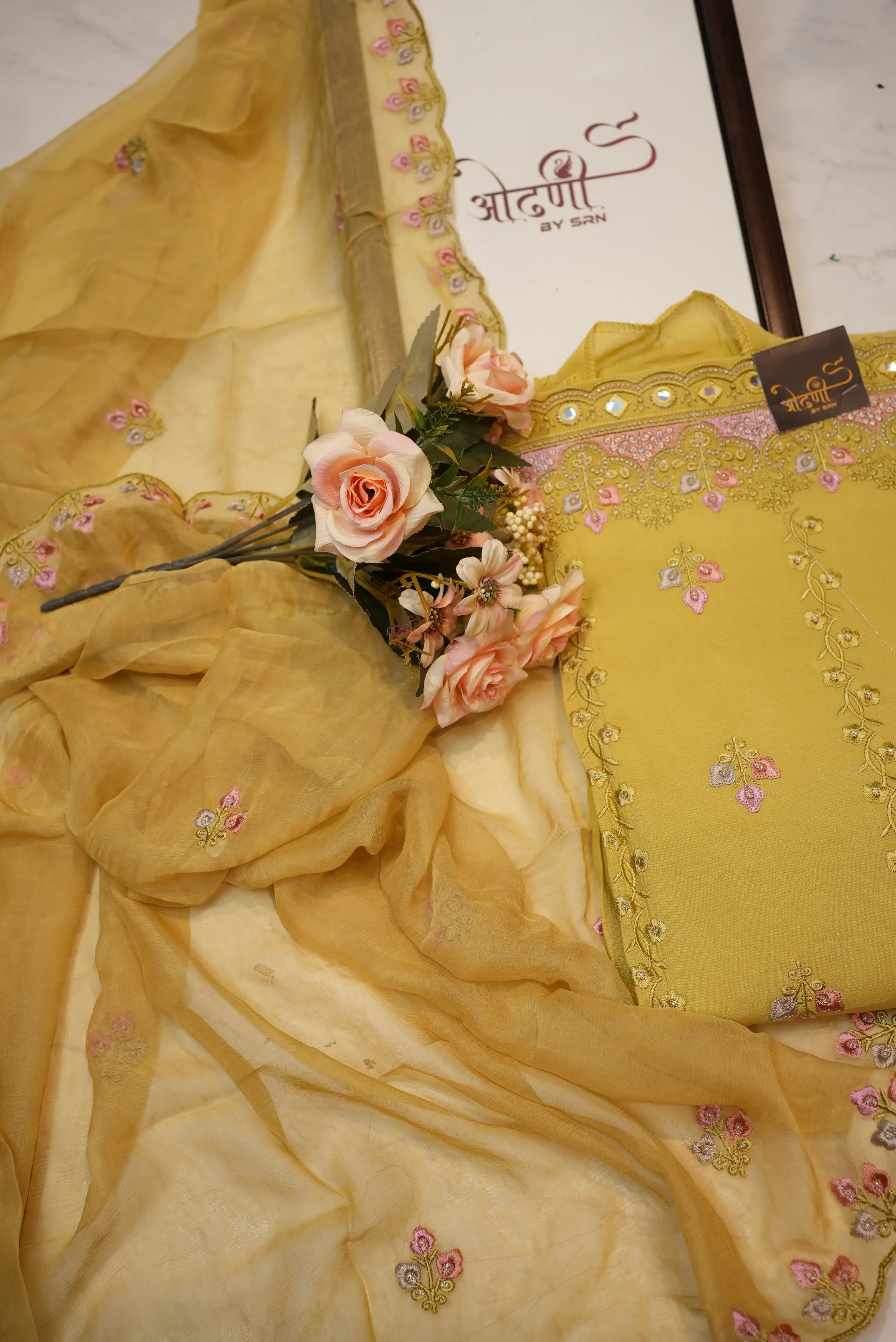 Crystal fabric suit with complete top embroidery & chiffon dupatta (UNSTITCHED)
