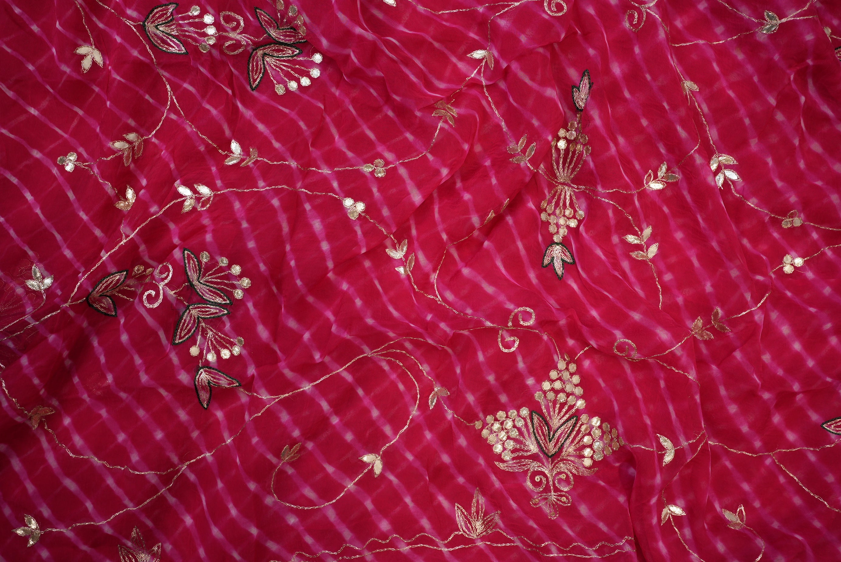 Pink Mothra Leheriya Saree With Buta & Gota Patti Work & Contrast Green Blouse