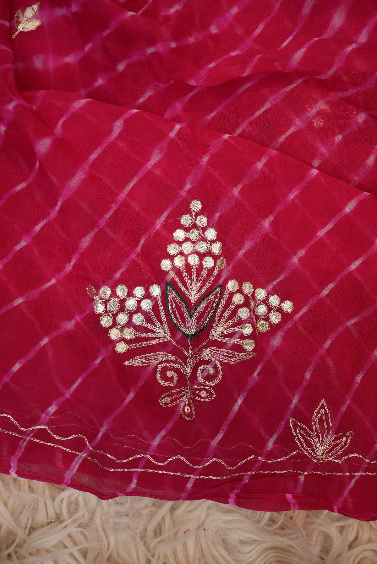 Pink Mothra Leheriya Saree With Buta & Gota Patti Work & Contrast Green Blouse