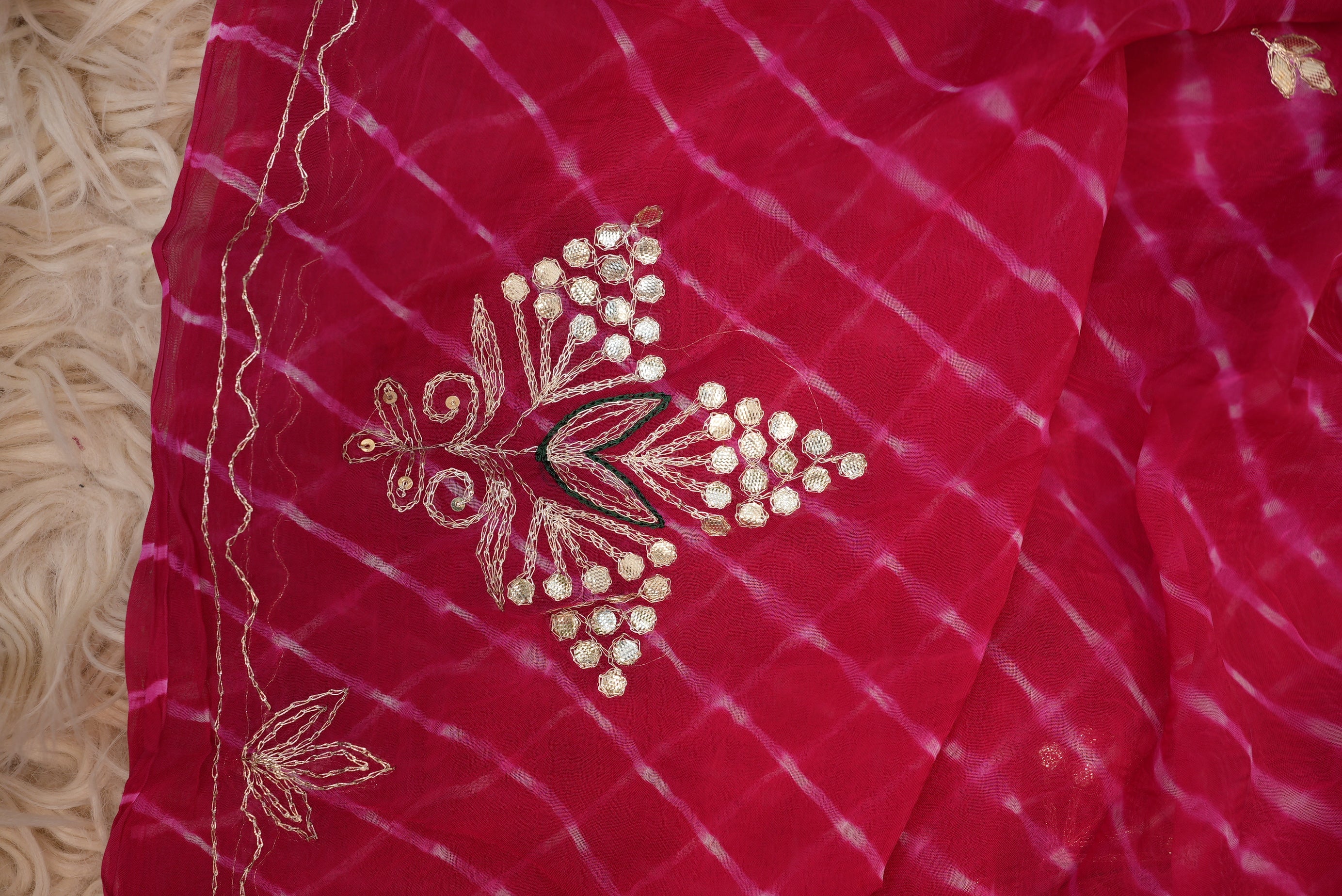 Pink Mothra Leheriya Saree With Buta & Gota Patti Work & Contrast Green Blouse