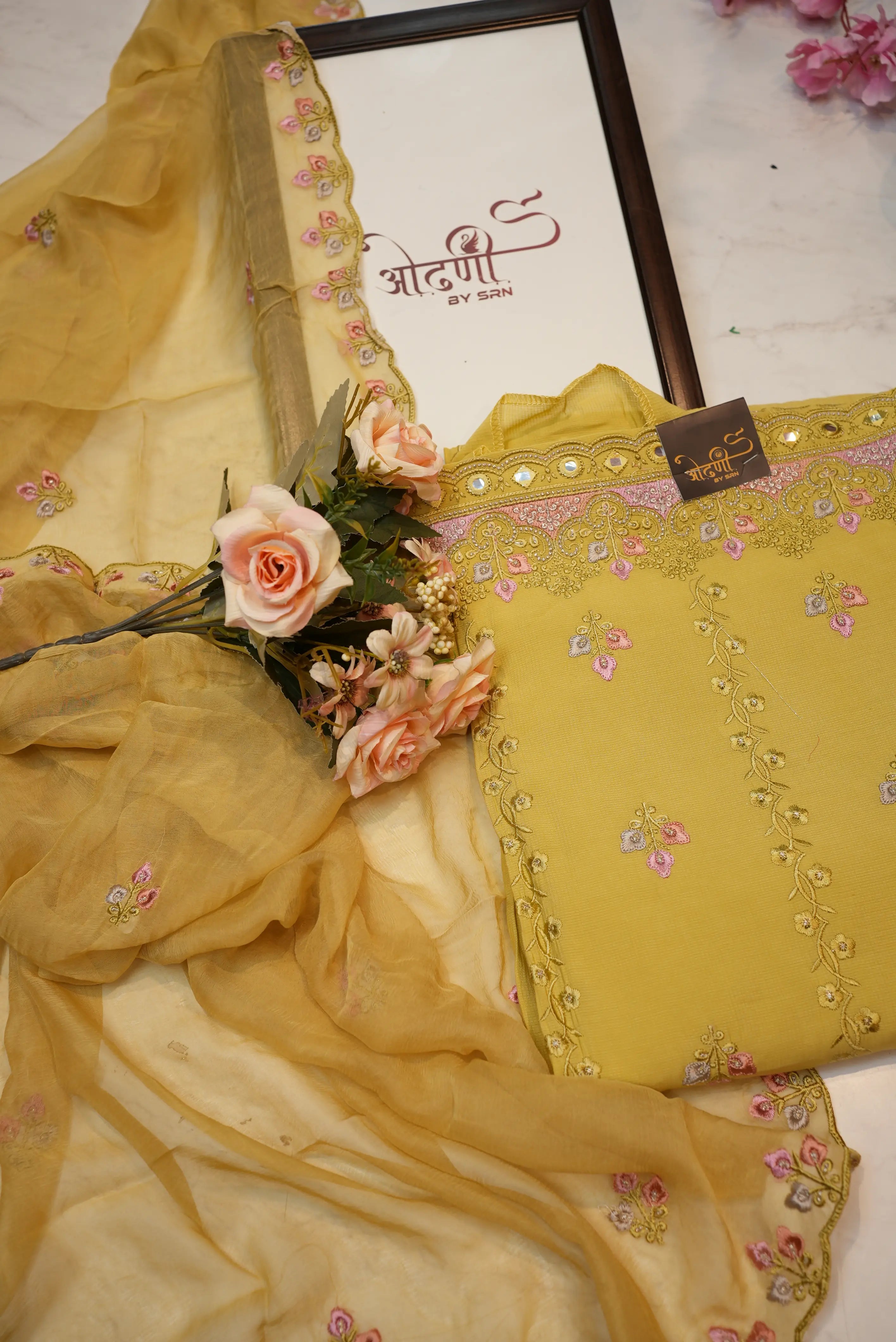 Crystal fabric suit with complete top embroidery & chiffon dupatta (UNSTITCHED)
