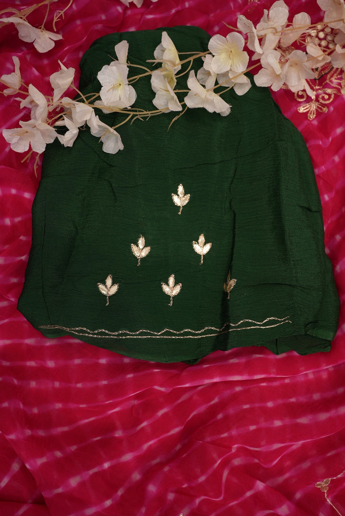 Pink Mothra Leheriya Saree With Buta & Gota Patti Work & Contrast Green Blouse