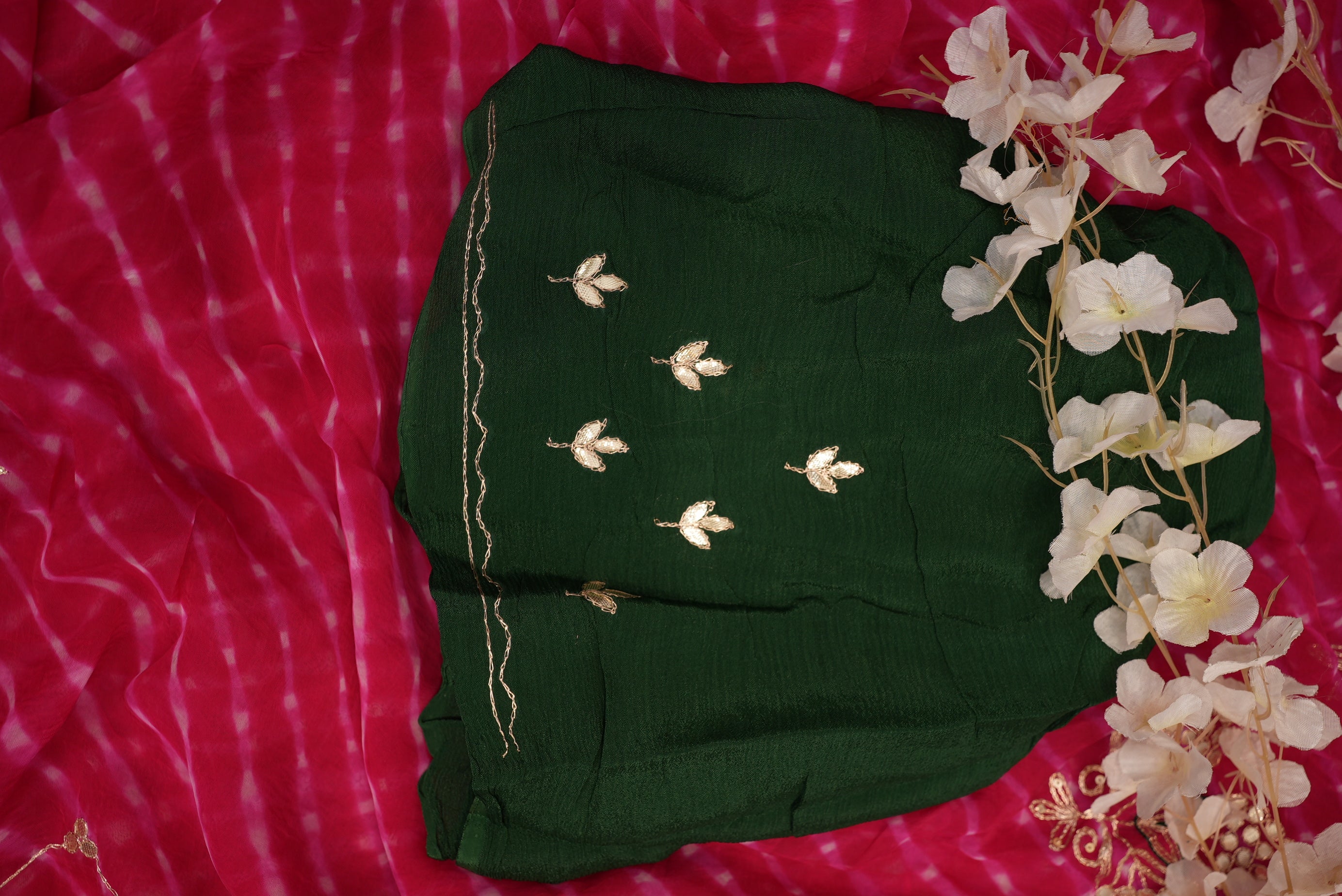 Pink Mothra Leheriya Saree With Buta & Gota Patti Work & Contrast Green Blouse