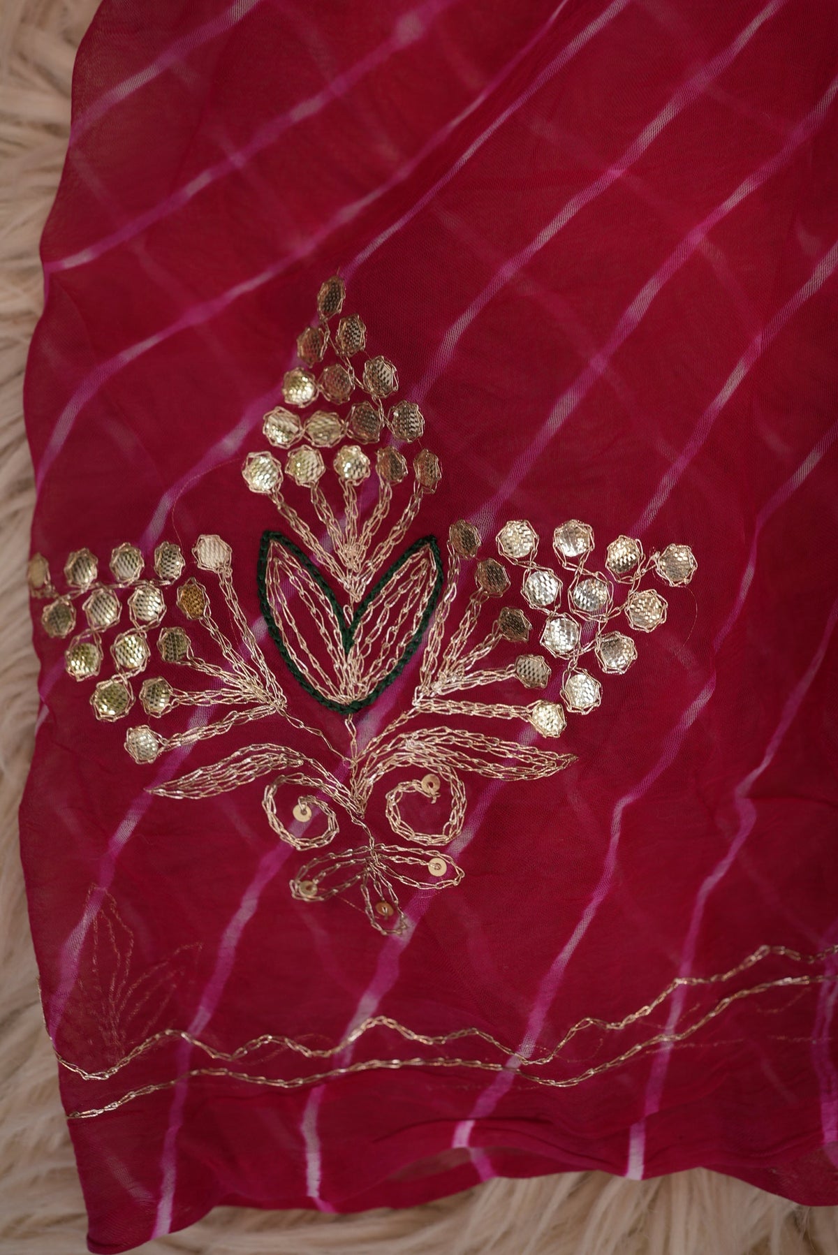 Pink Mothra Leheriya Saree With Buta & Gota Patti Work & Contrast Green Blouse