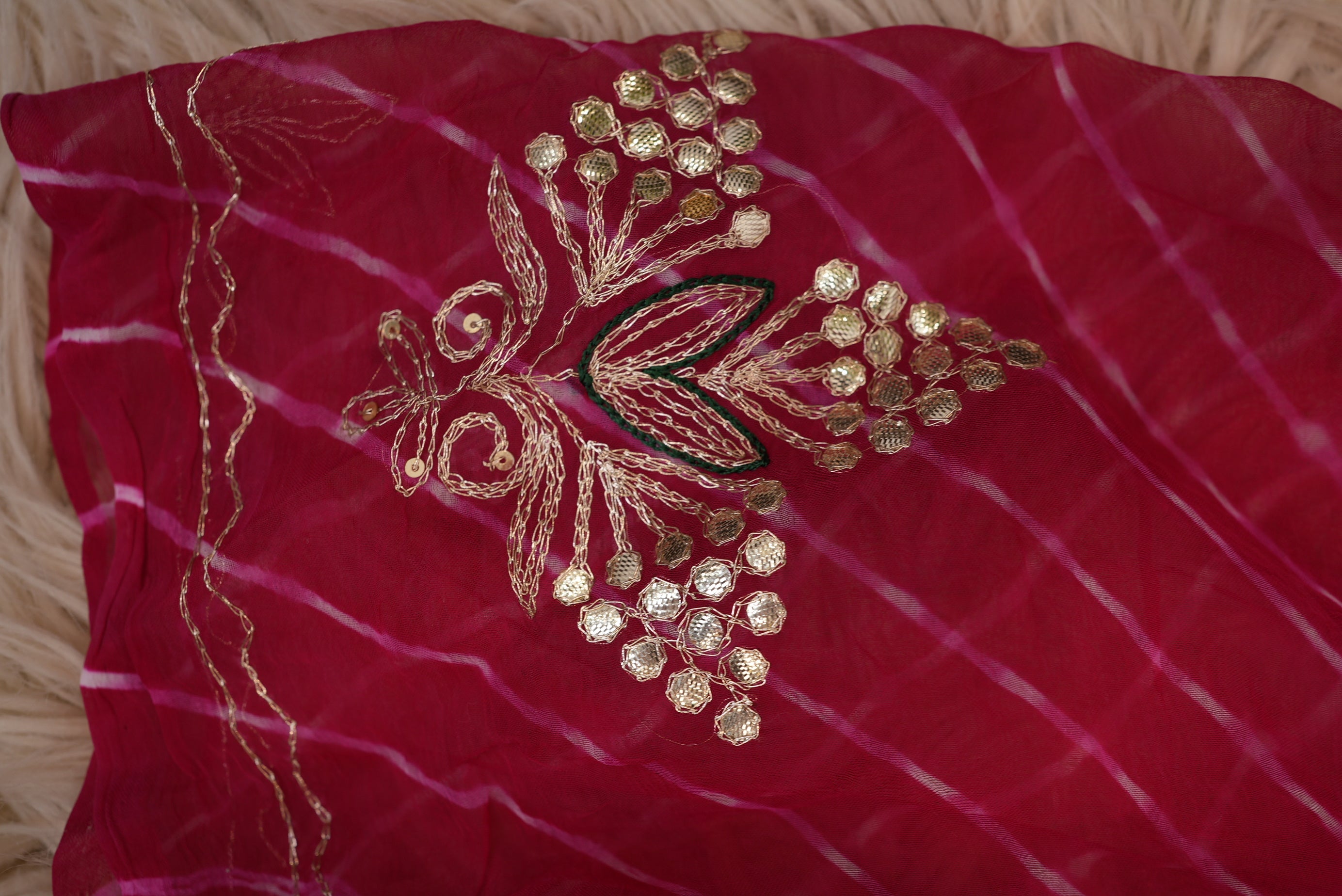 Pink Mothra Leheriya Saree With Buta & Gota Patti Work & Contrast Green Blouse