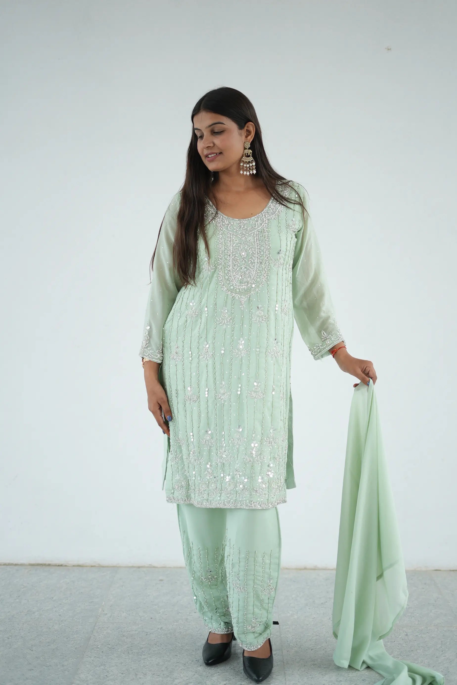 Pastel Mint Green Embroidered 3-Piece Suit