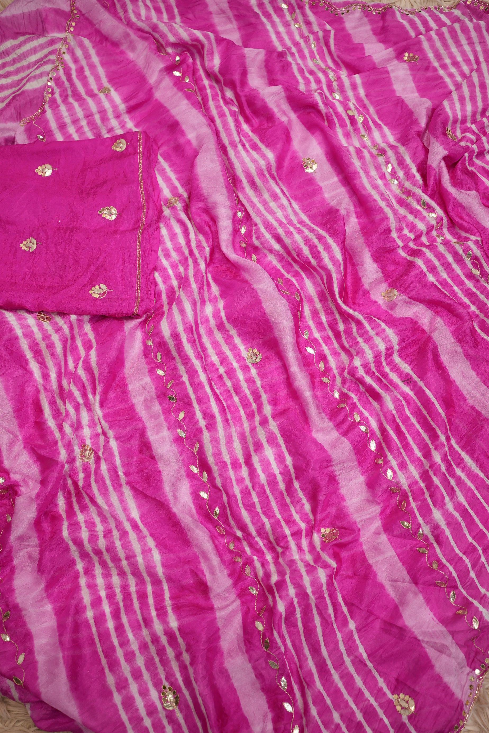 Pure Chinon Pink Leheriya Saree with Gota Patti Butta Work (With Blouse)