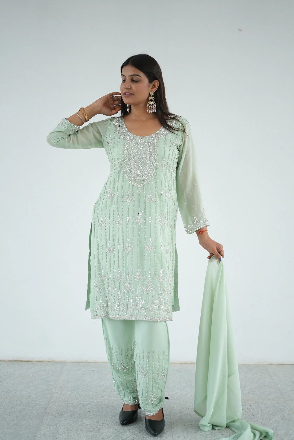 Pastel Mint Green Embroidered 3-Piece Suit