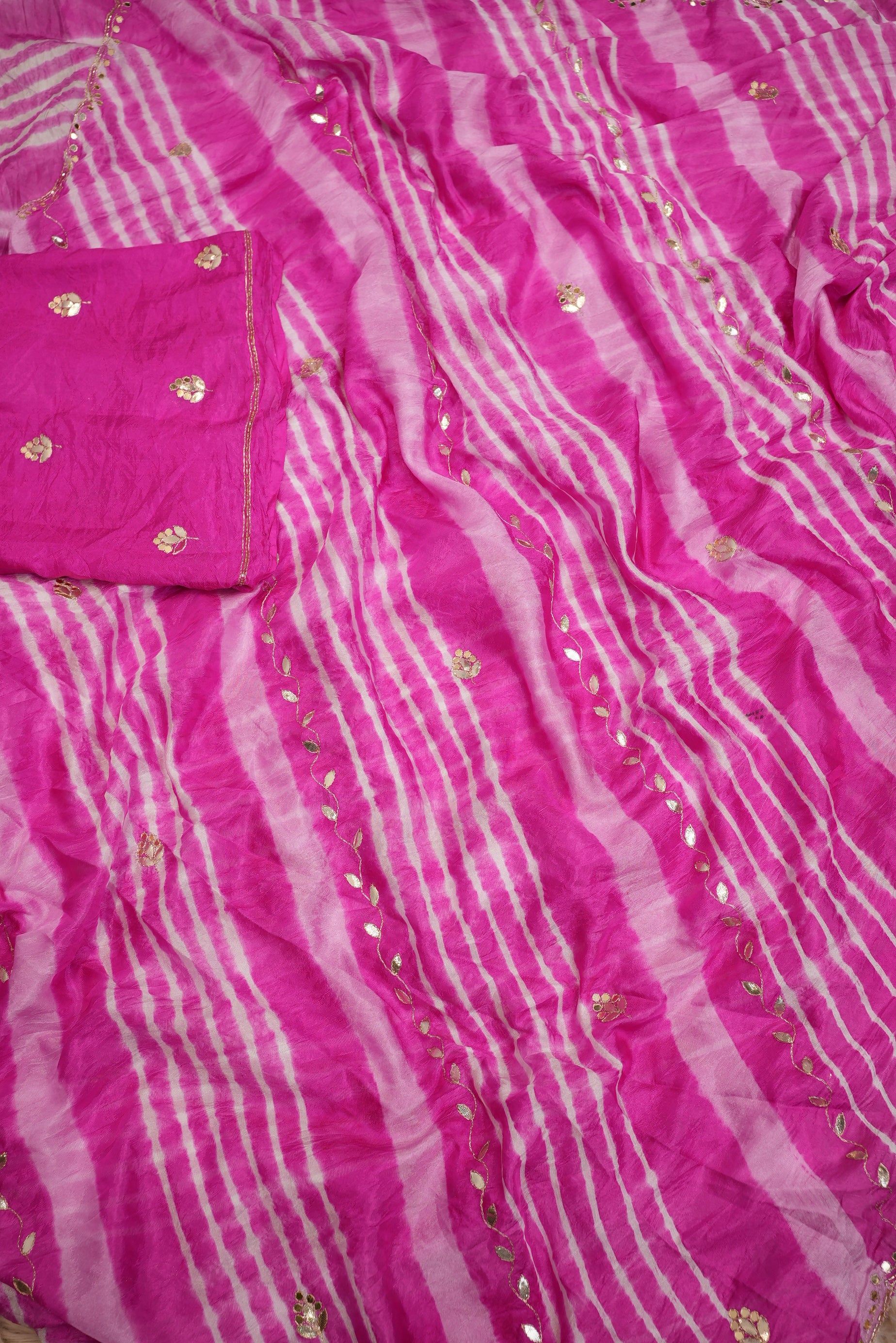 Pure Chinon Pink Leheriya Saree with Gota Patti Butta Work (With Blouse)