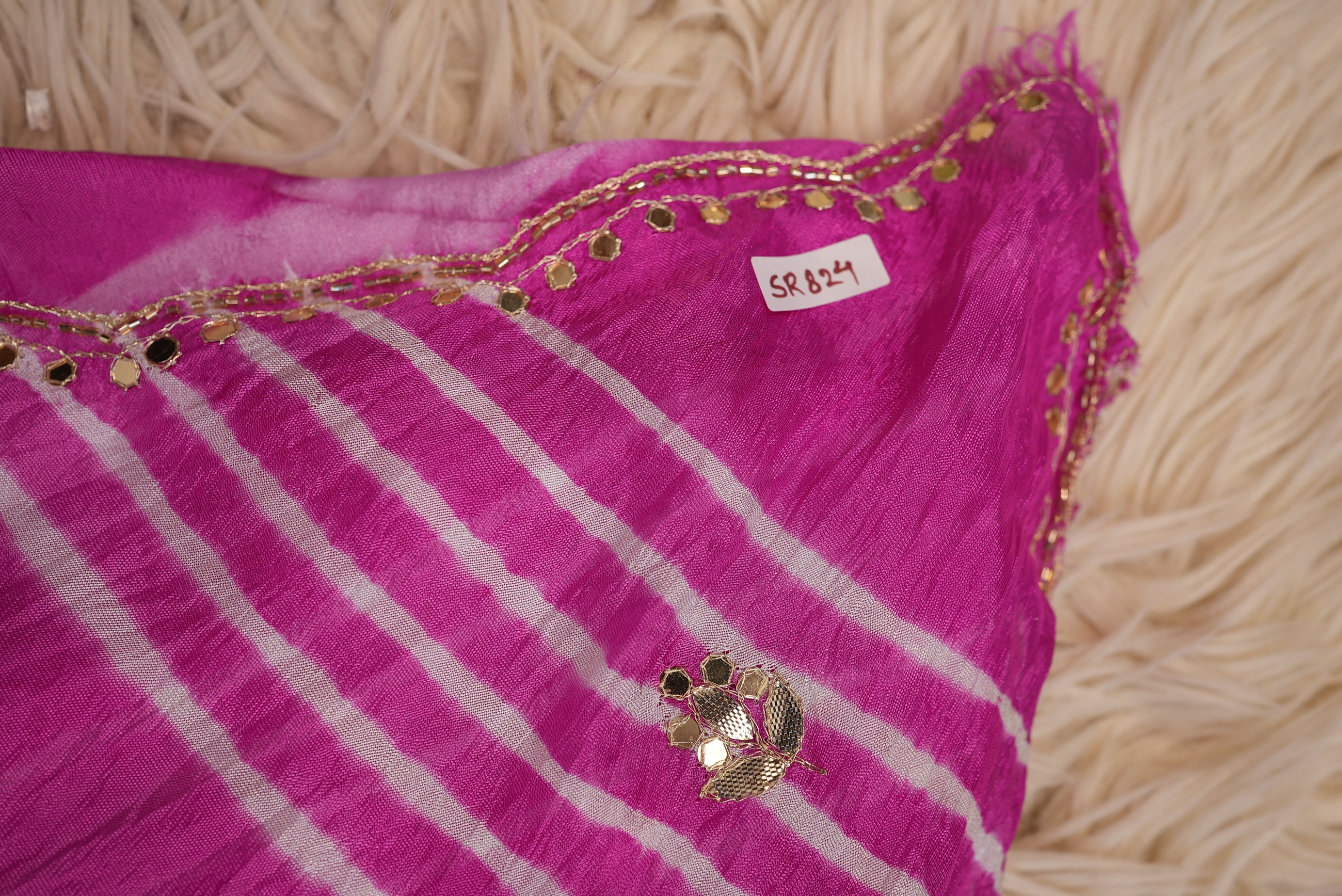Pure Chinon Pink Leheriya Saree with Gota Patti Butta Work (With Blouse)
