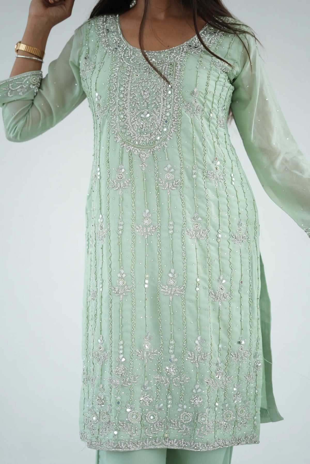 Pastel Mint Green Embroidered 3-Piece Suit