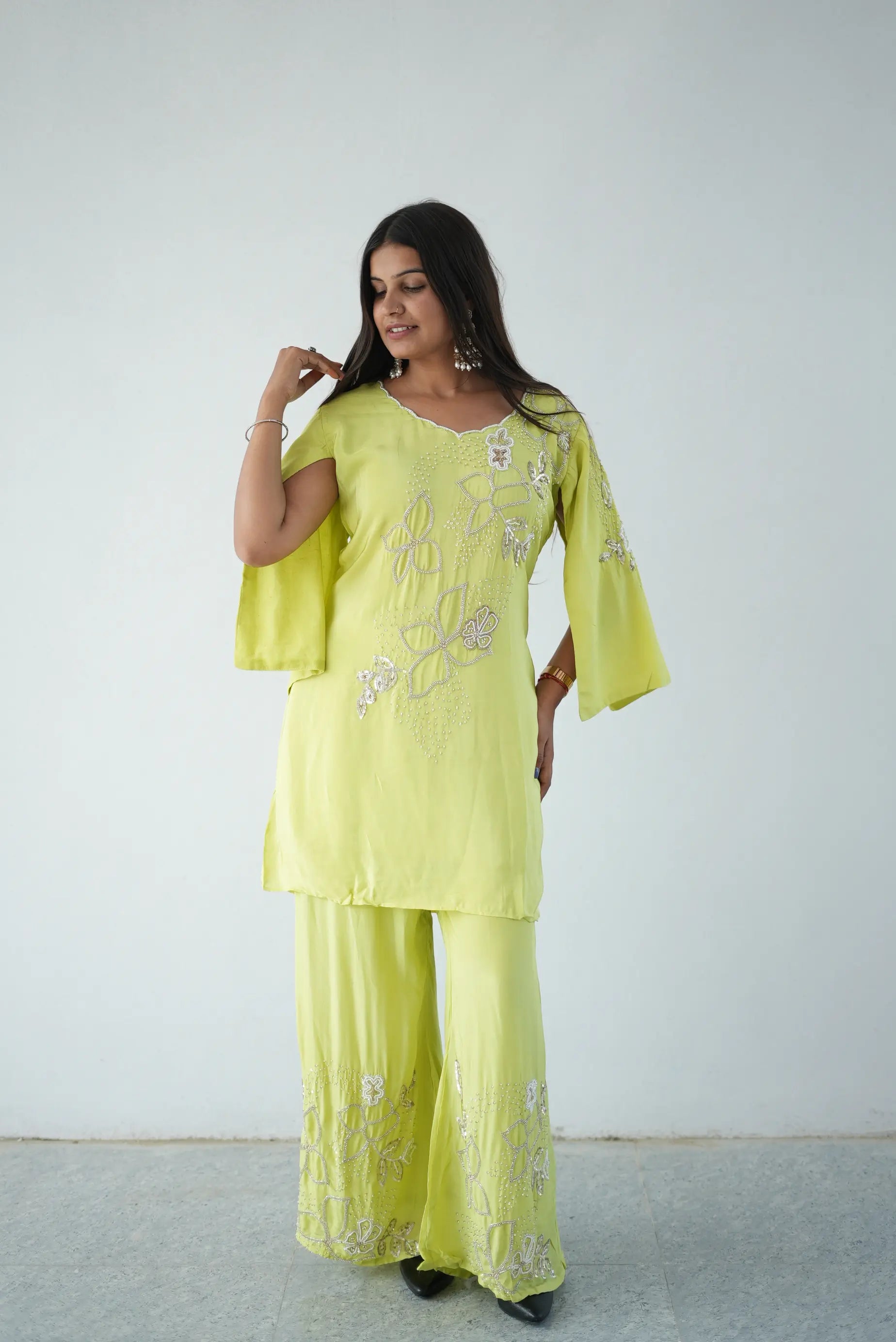 Lime Green Embroidered Kurta Palazzo Set