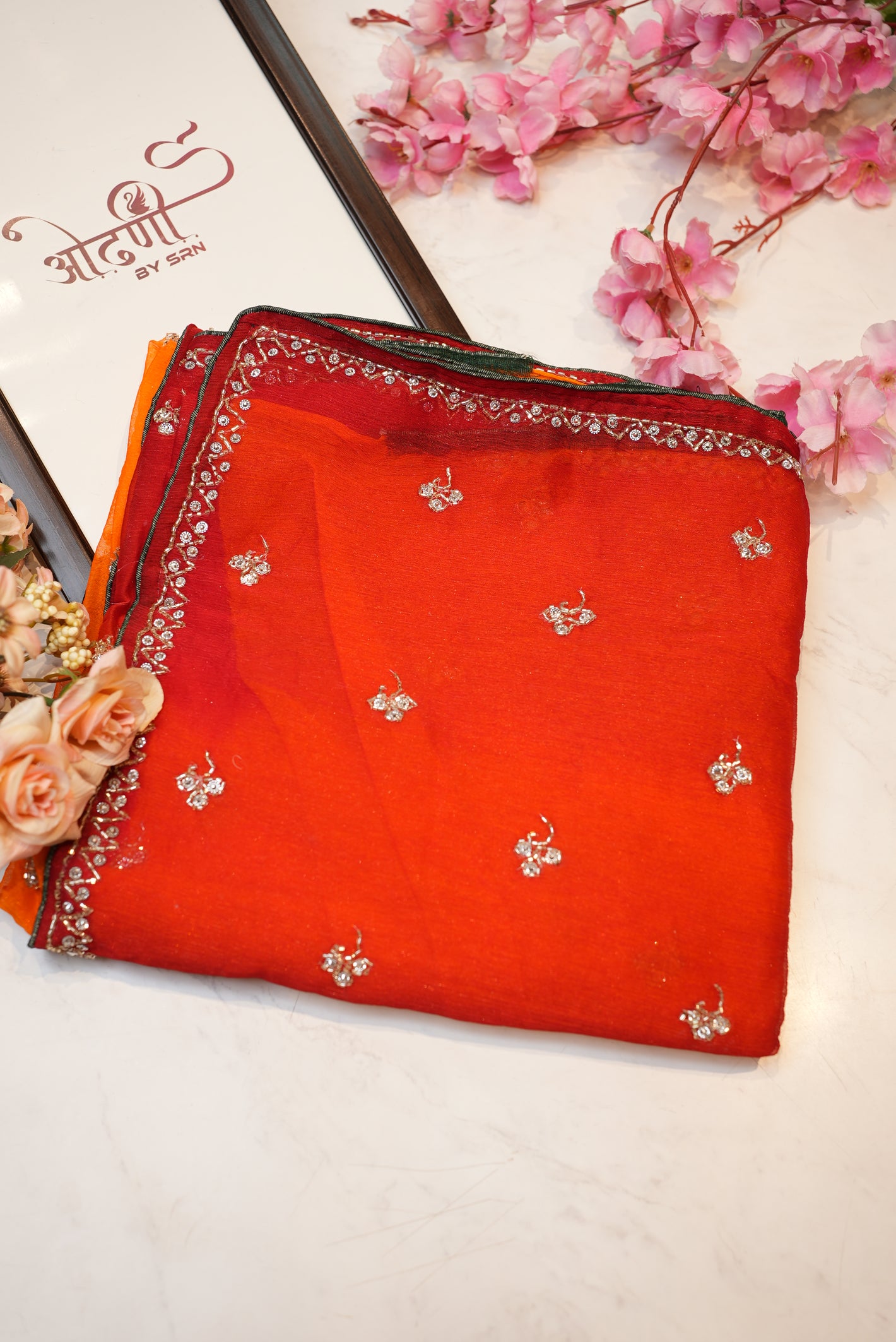 Rajasthani peela shimmer chiffon saree with hand work butti & border ##SR0142