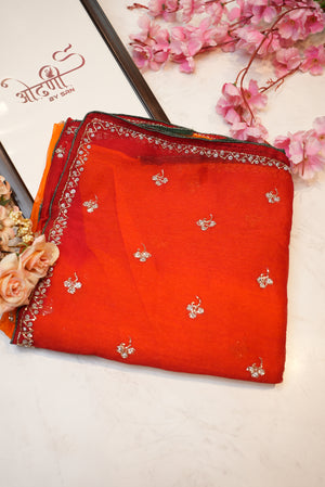 Rajasthani peela shimmer chiffon saree with hand work butti & border ##SR0142