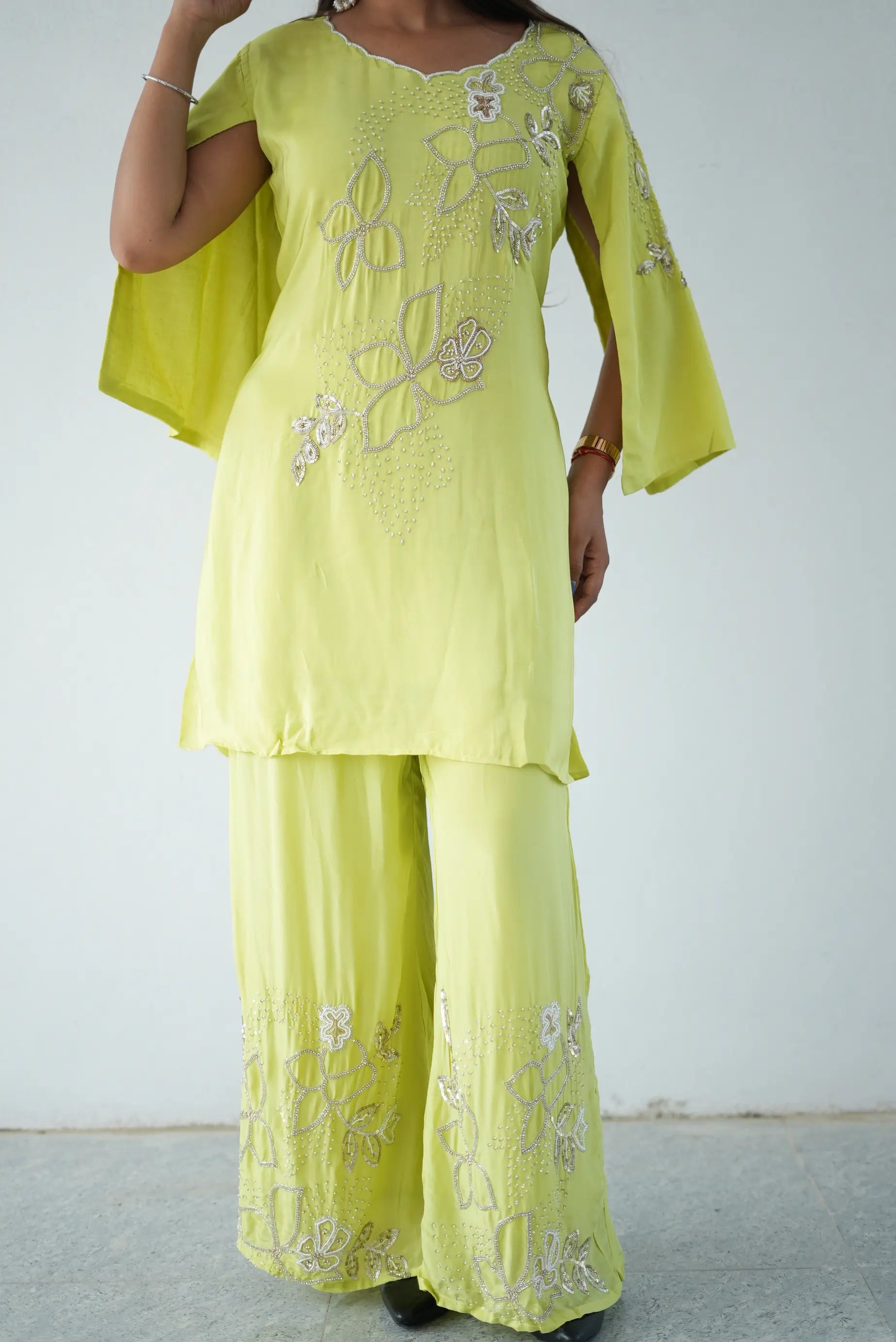 Lime Green Embroidered Kurta Palazzo Set