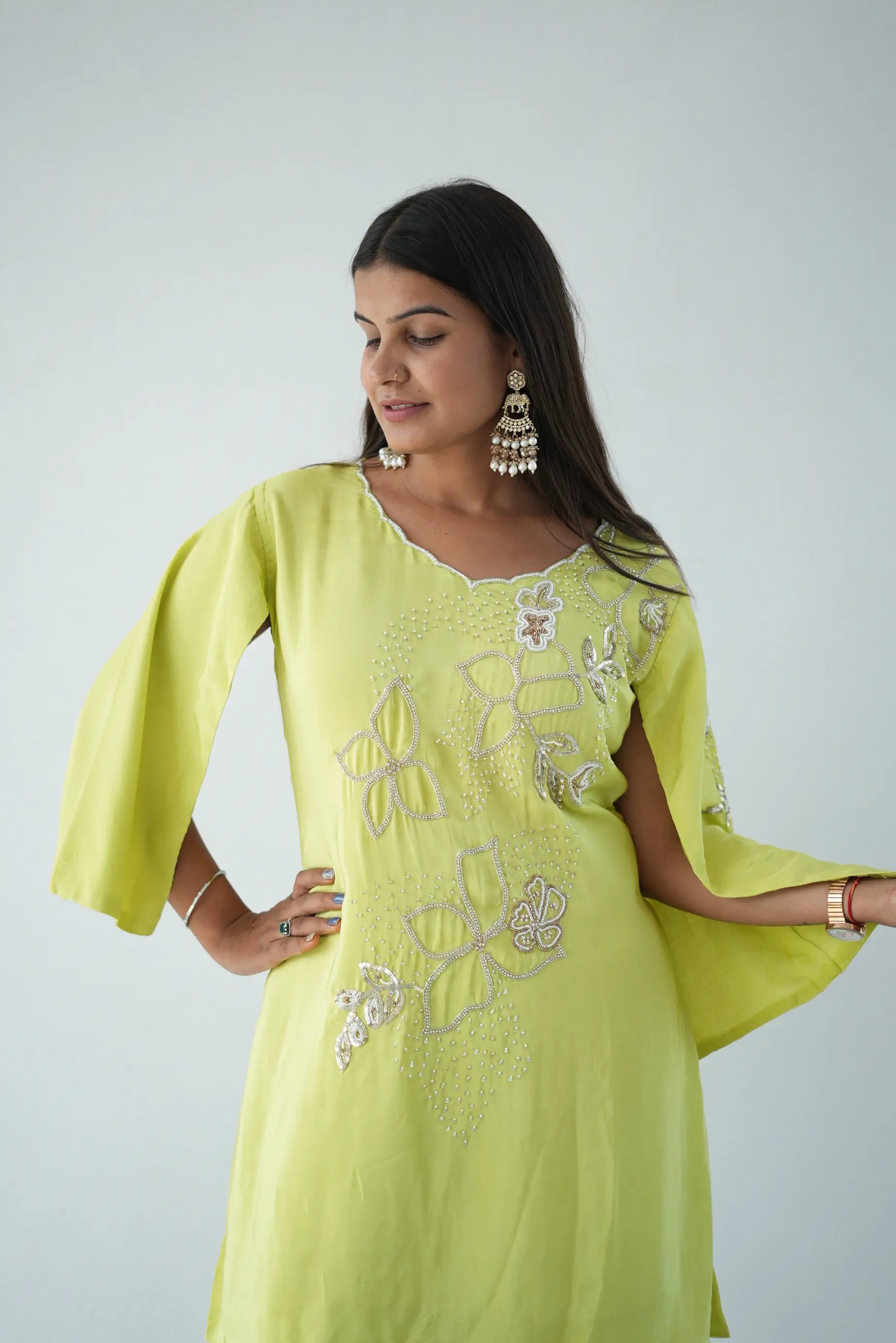 Lime Green Embroidered Kurta Palazzo Set