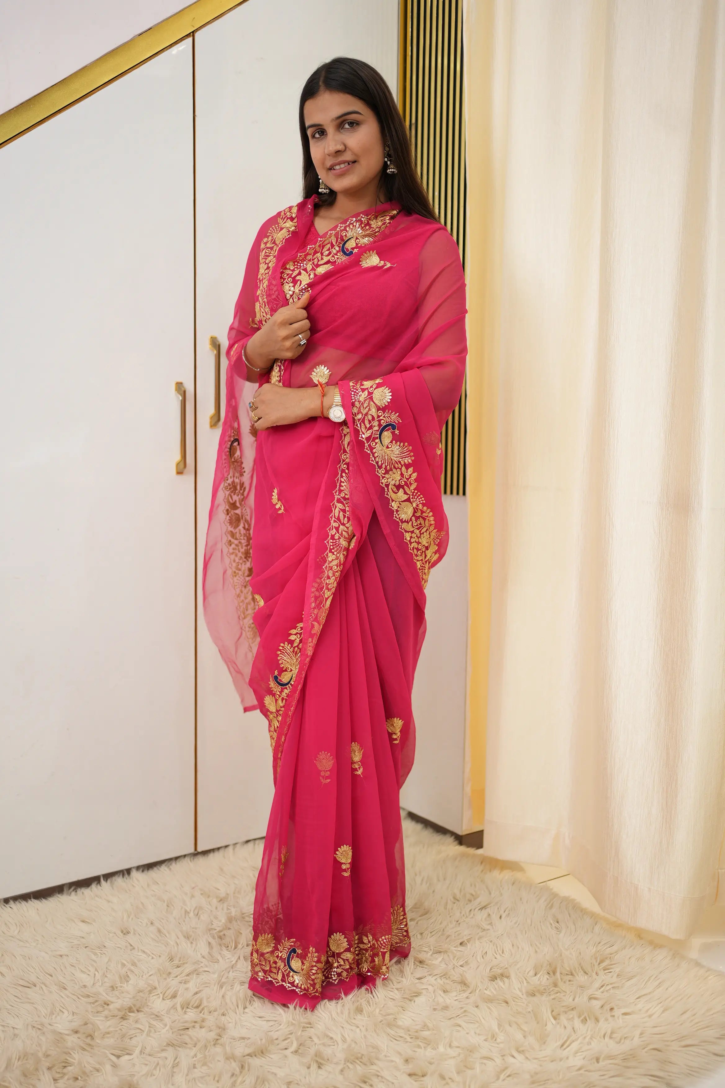 Darbari Saree With Peacock Butta & Vintage Work (Without Blouse)
