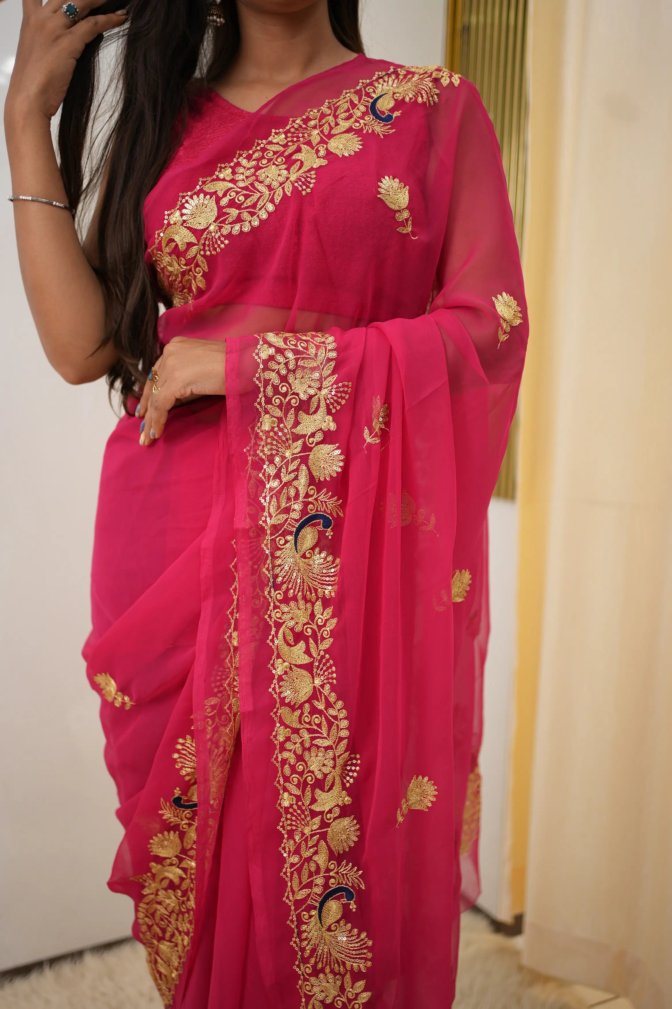 Darbari Saree With Peacock Butta & Vintage Work (Without Blouse)