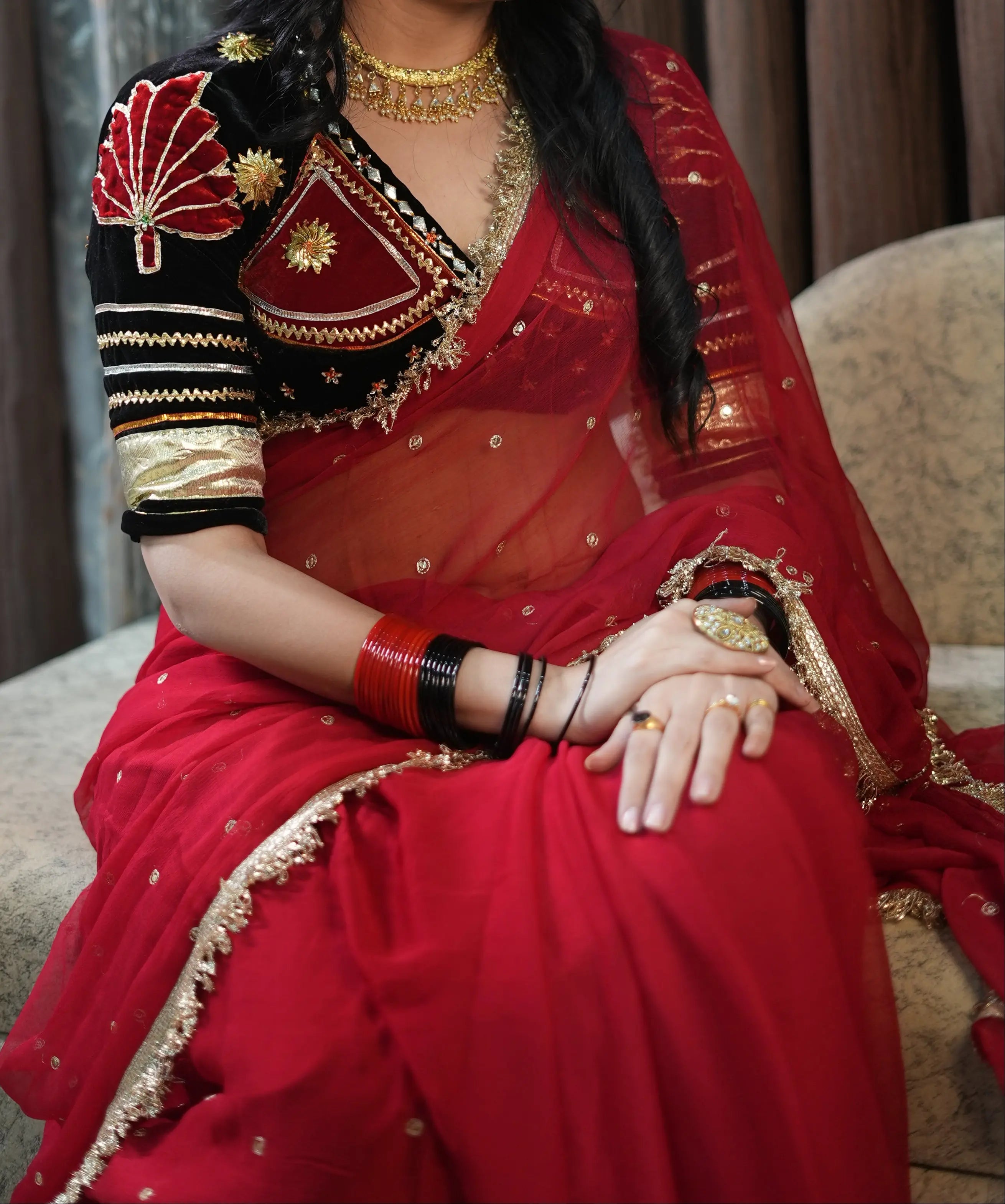 Thakur Ji Chiffon Saree with Sequence Handwork & Rajasthani Angi Blouse