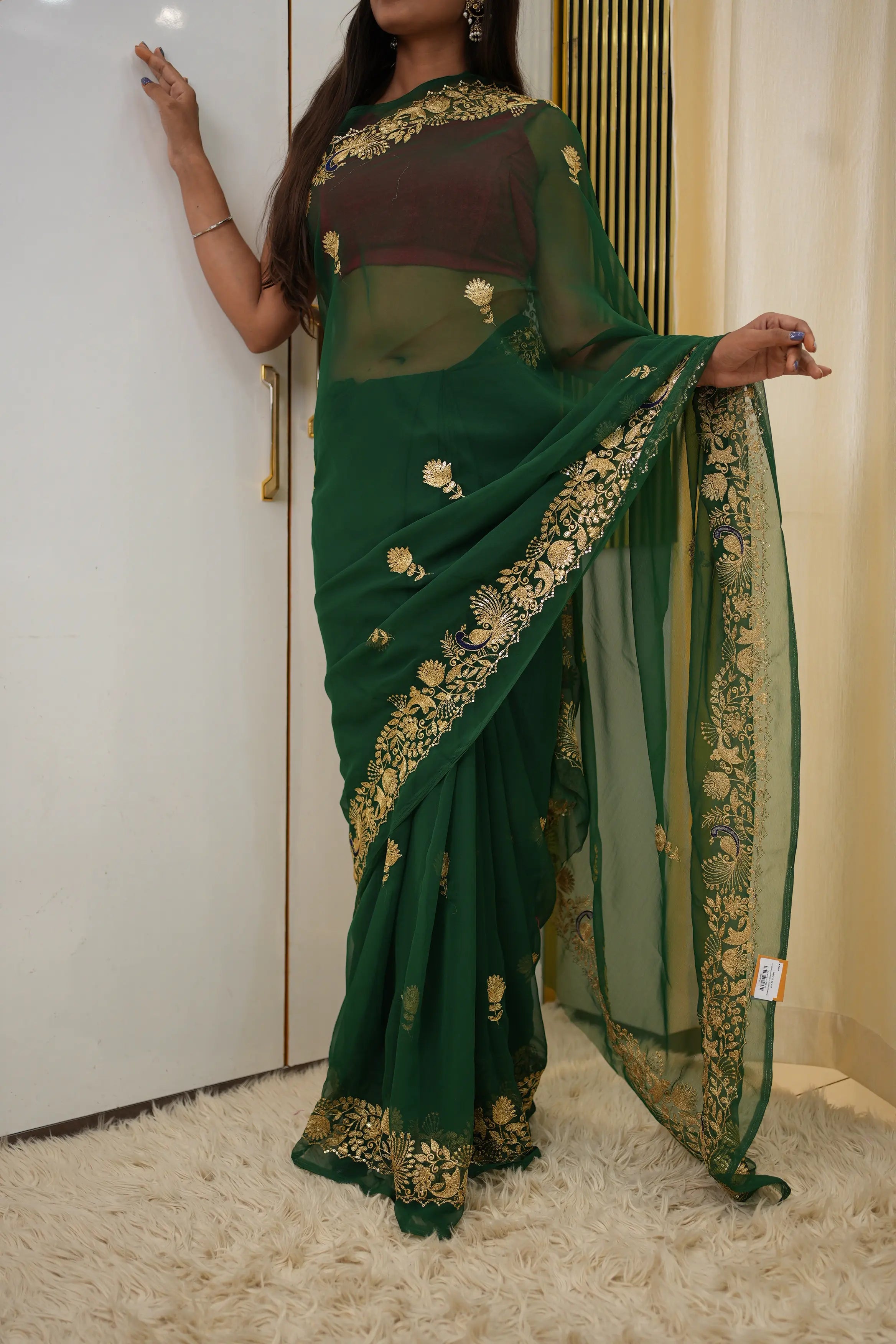 Darbari Saree With Peacock Butta & Vintage Work (Without Blouse)