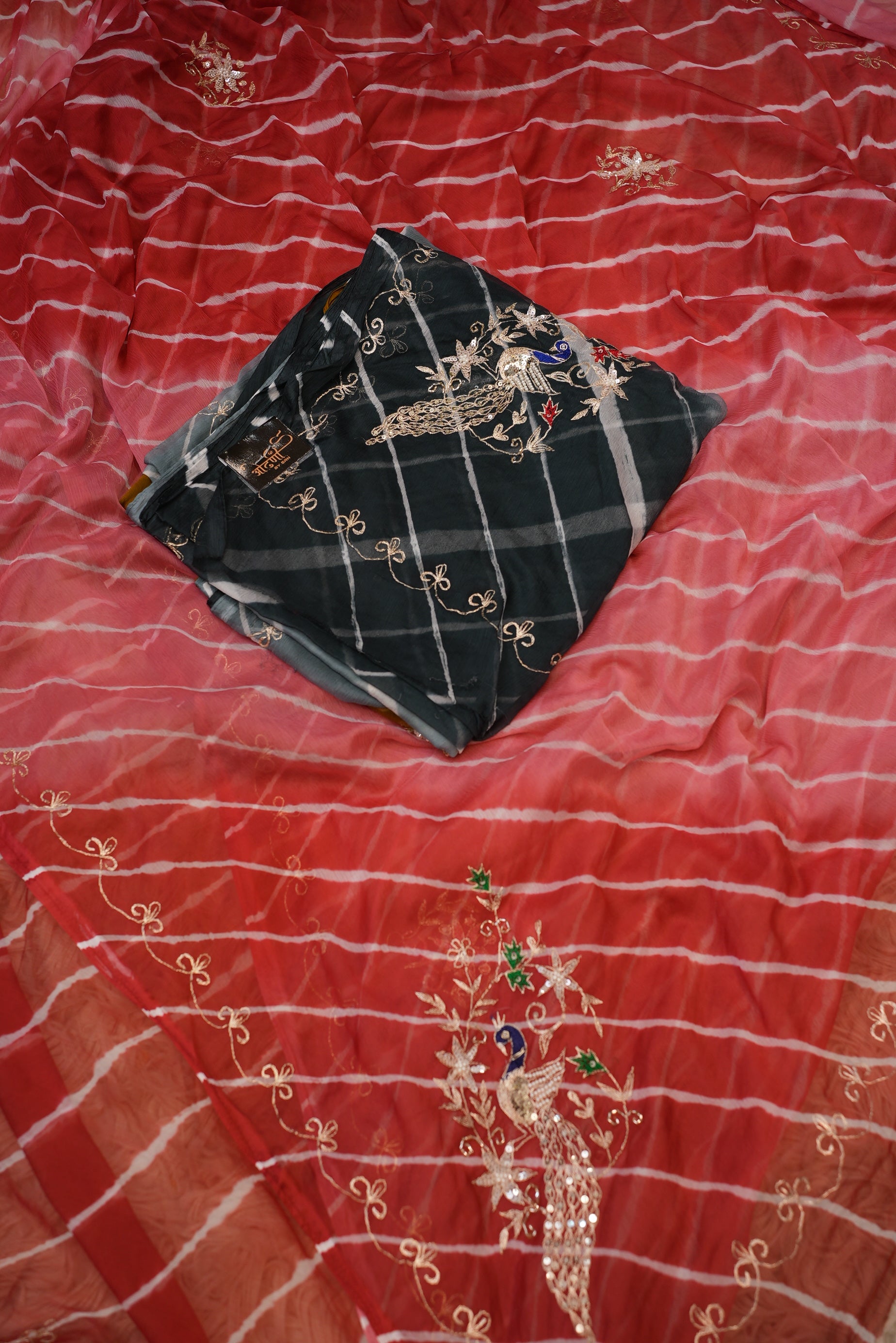 Traditional Leheriya Saree on Pure Chiffon with Peacock Butta Vintage Work
