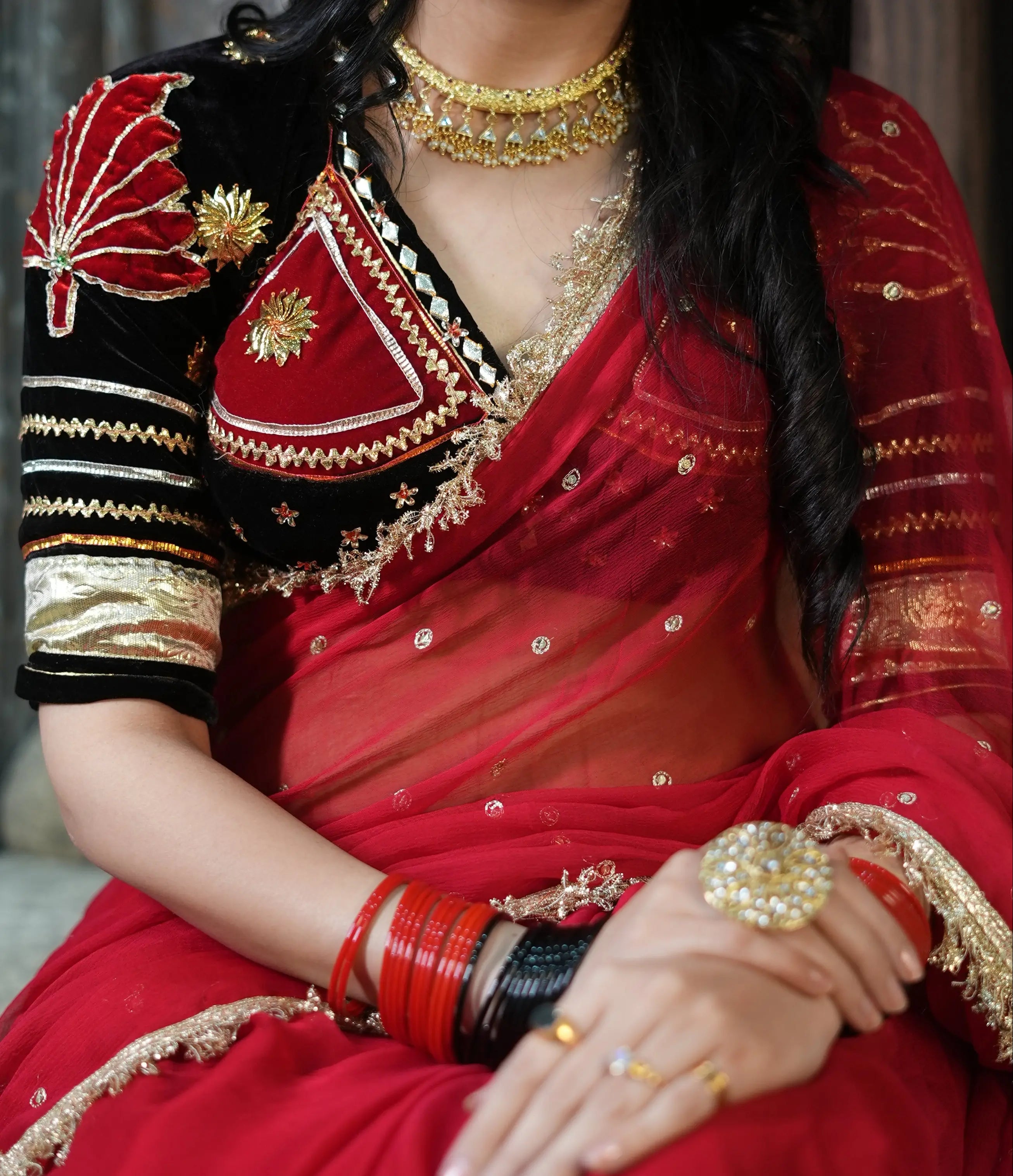 Thakur Ji Chiffon Saree with Sequence Handwork & Rajasthani Angi Blouse