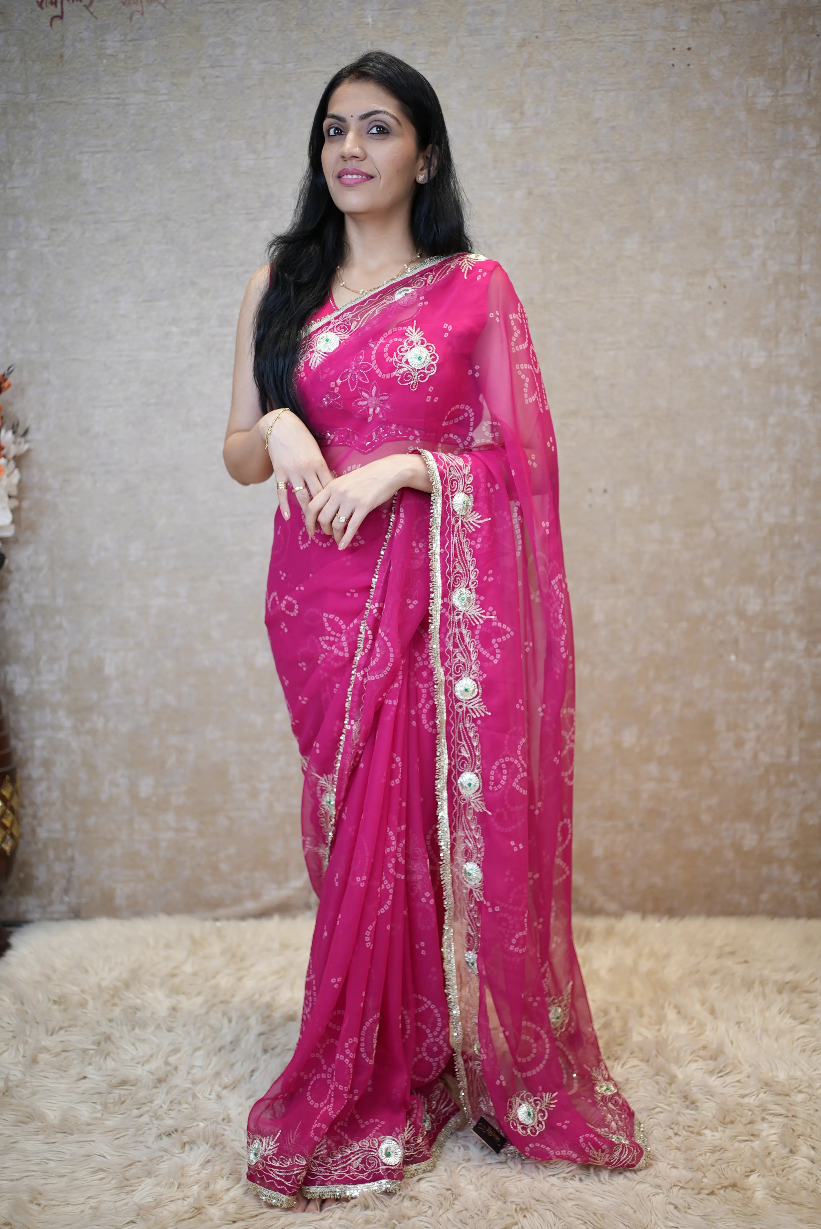 Fancy Bandhej Saree with Vintage Gota Patti & Kasab Work
