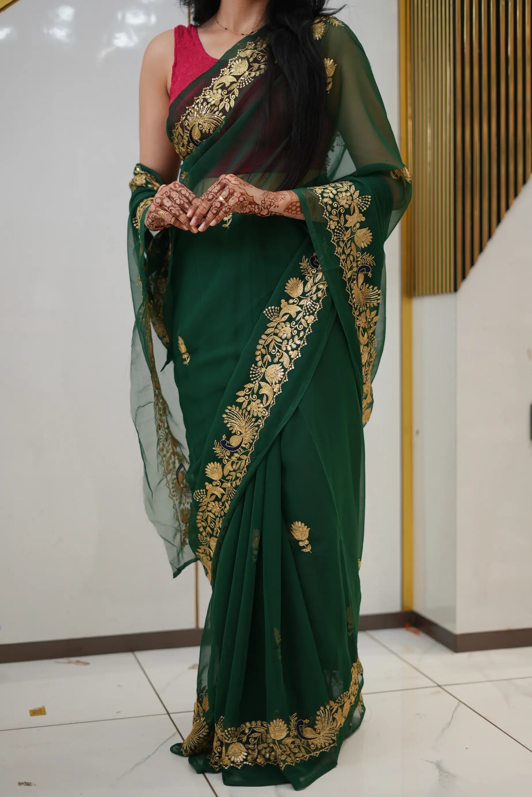 Darbari Saree With Peacock Butta & Vintage Work (Without Blouse)