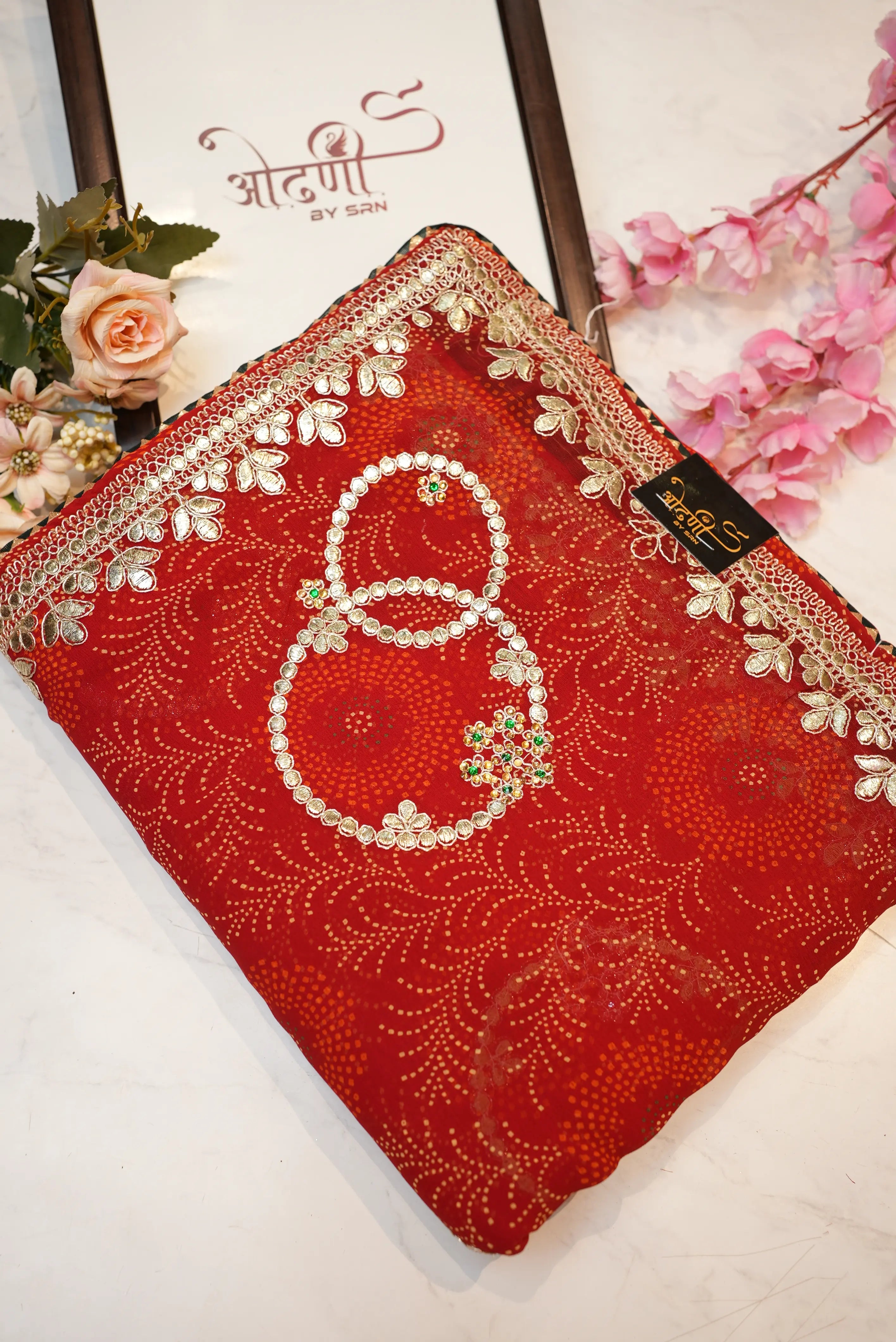 Rajasthani Chunri Synthetic Saree with Gota Patti Handwork & Contrast Blouse