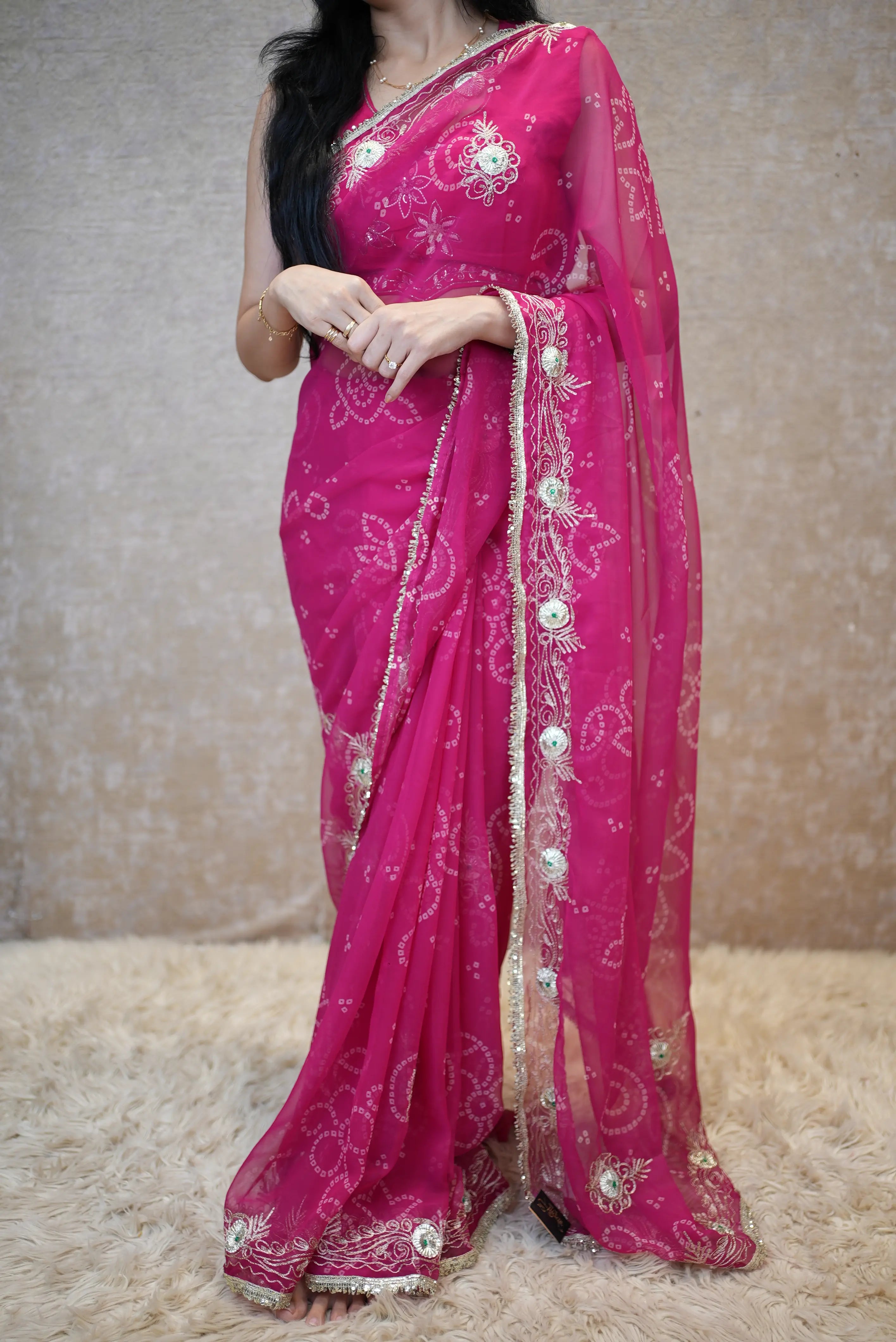 Fancy Bandhej Saree with Vintage Gota Patti & Kasab Work
