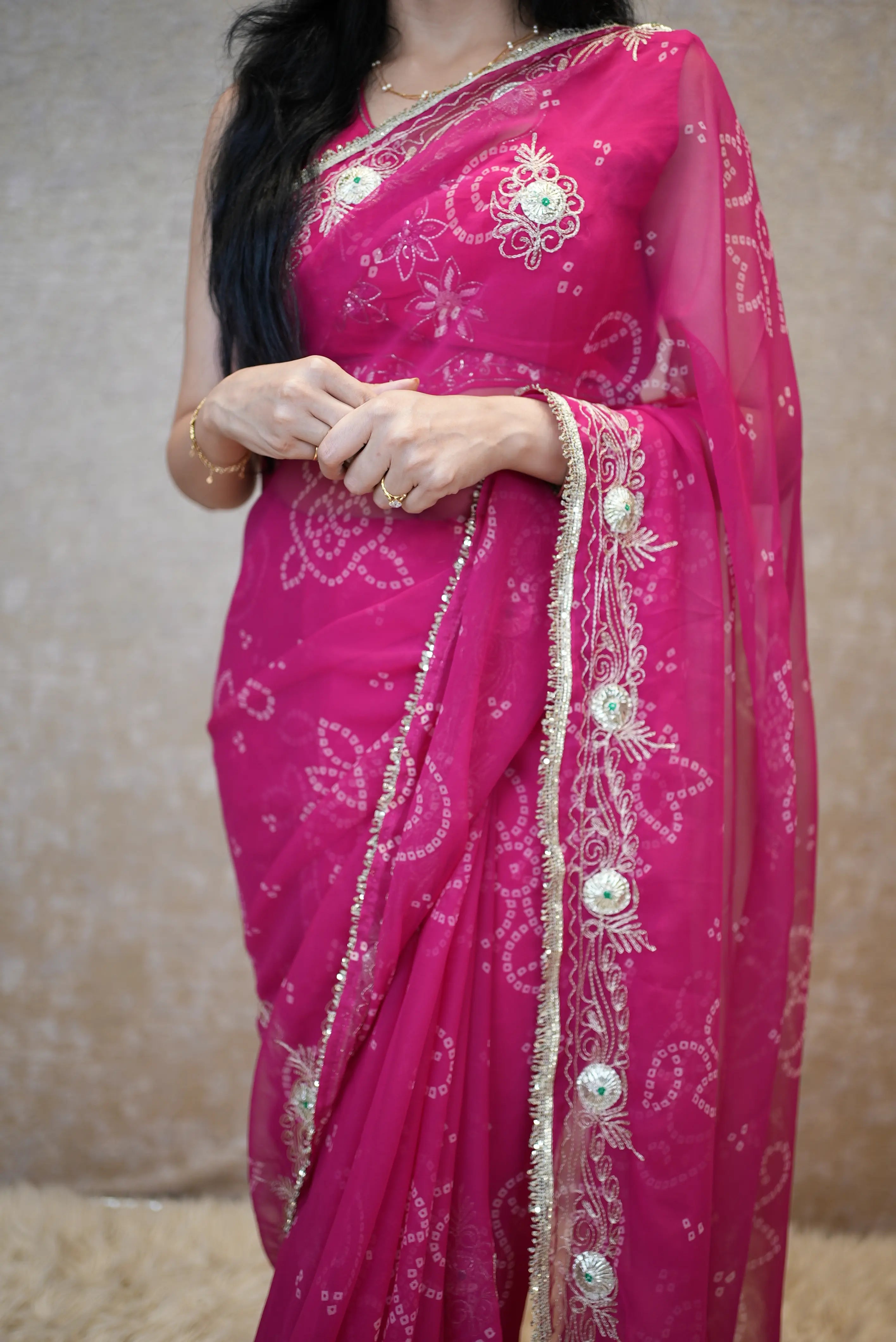 Fancy Bandhej Saree with Vintage Gota Patti & Kasab Work