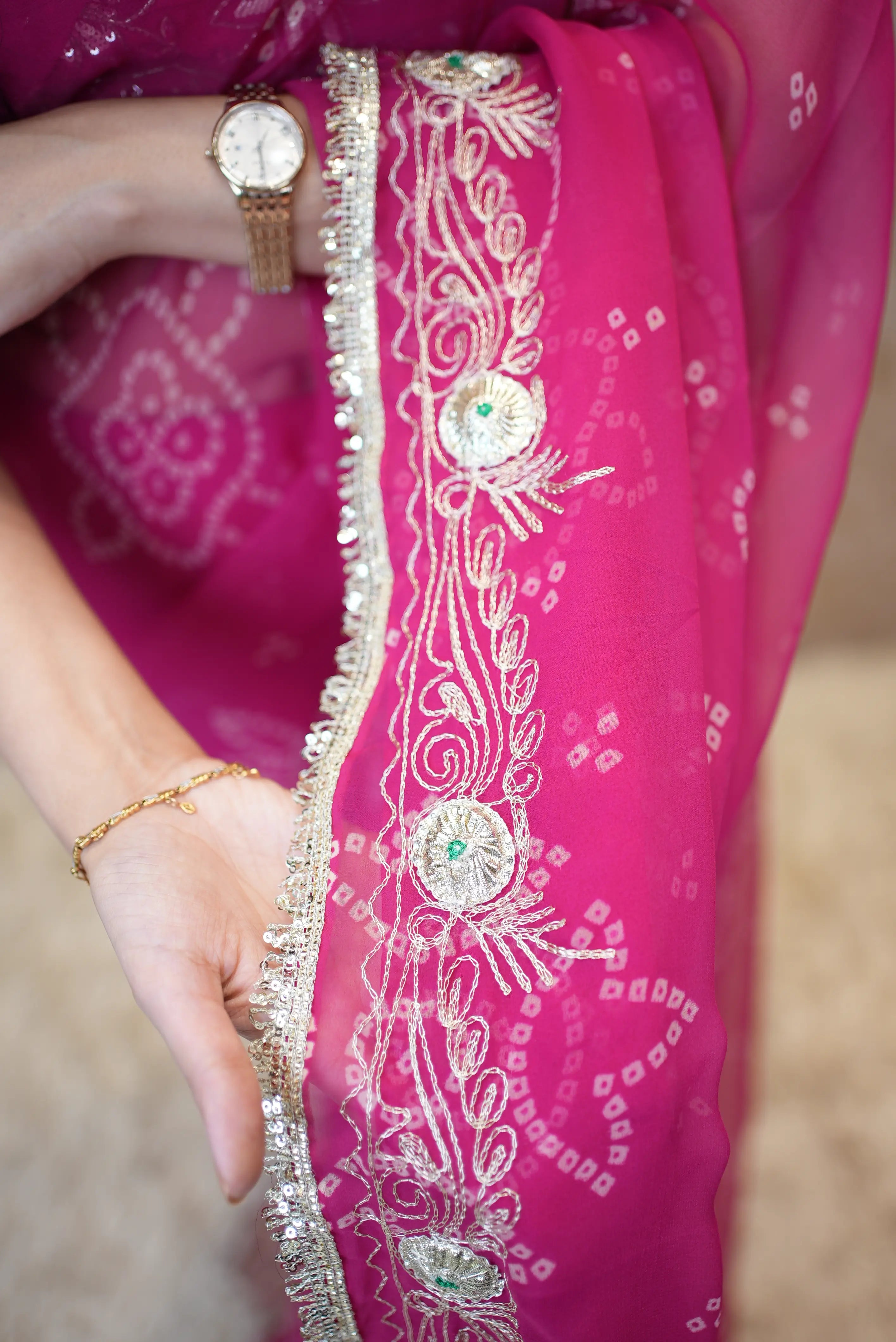 Fancy Bandhej Saree with Vintage Gota Patti & Kasab Work
