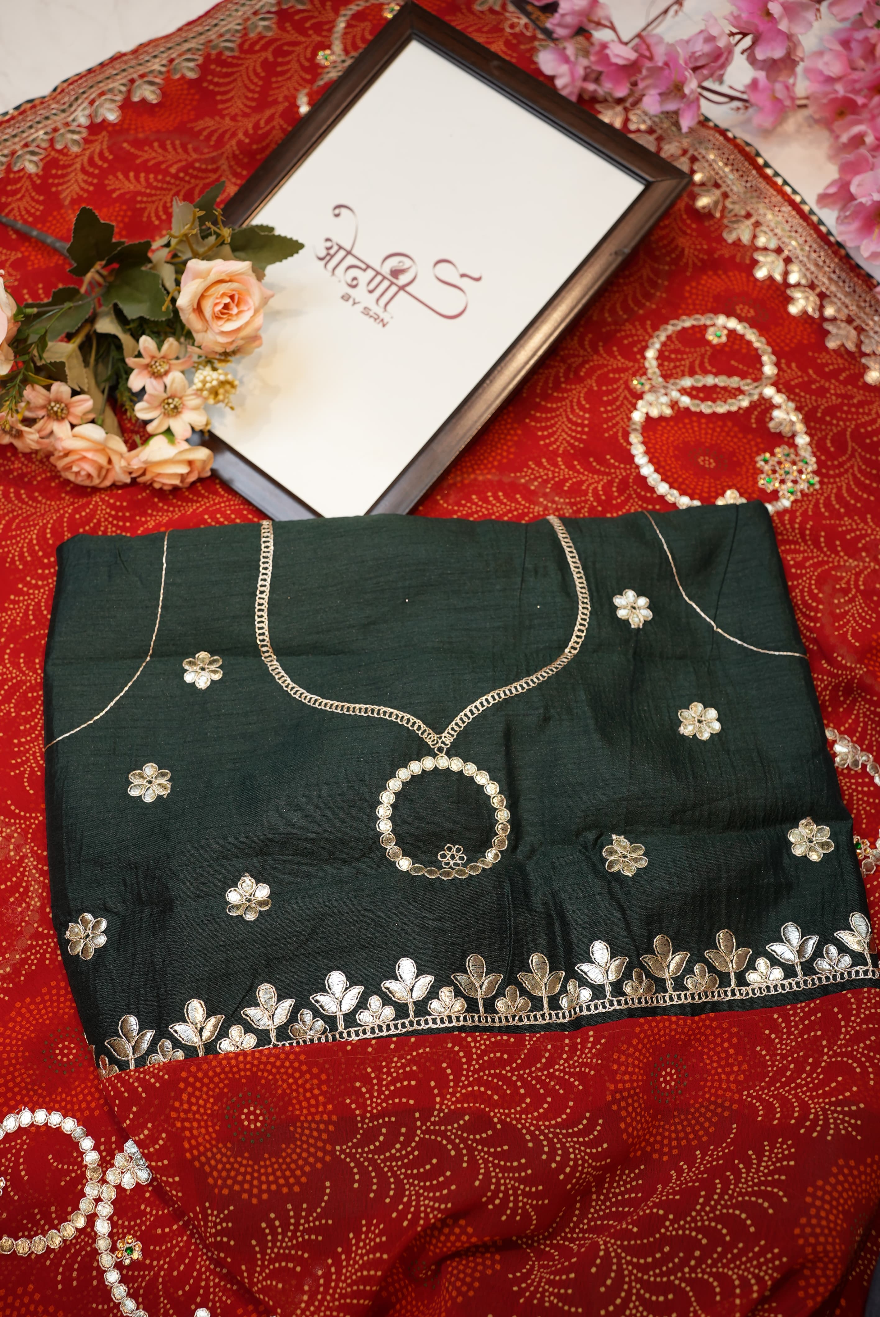 Rajasthani Chunri Synthetic Saree with Gota Patti Handwork & Contrast Blouse