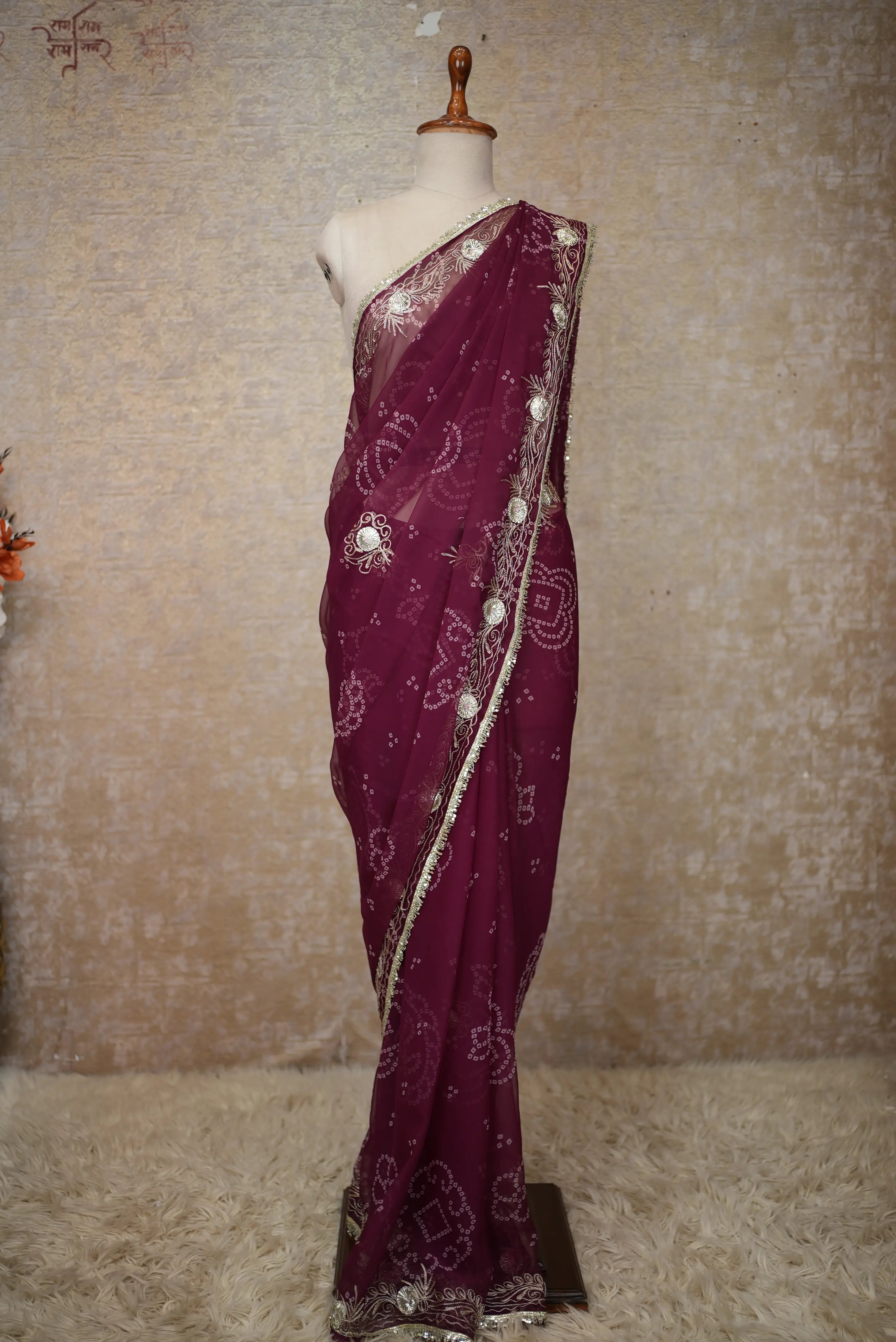 Fancy Bandhej Saree with Vintage Gota Patti & Kasab Work